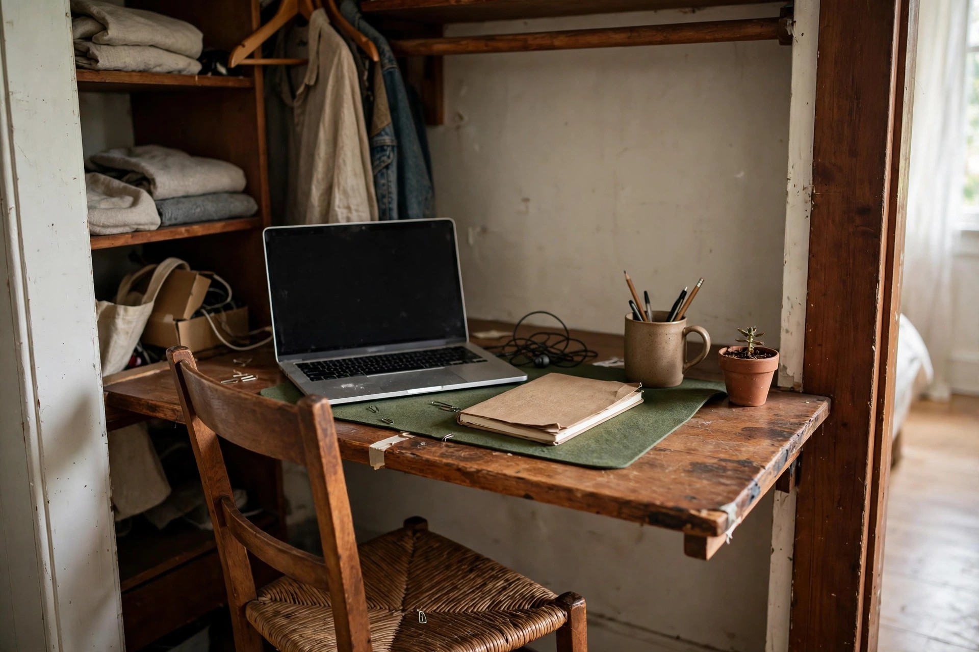 Cloffice using a deep existing closet shelf as the desk surface with a laptop and notebook