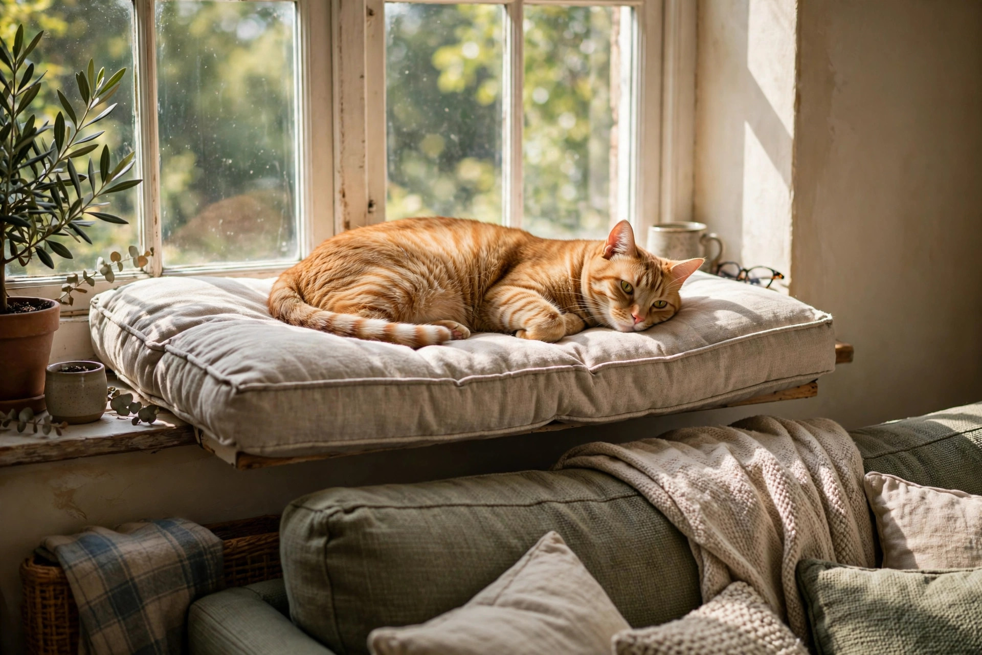 Cat lounging on a cushioned window perch bed in a sunny living room window above a sofa