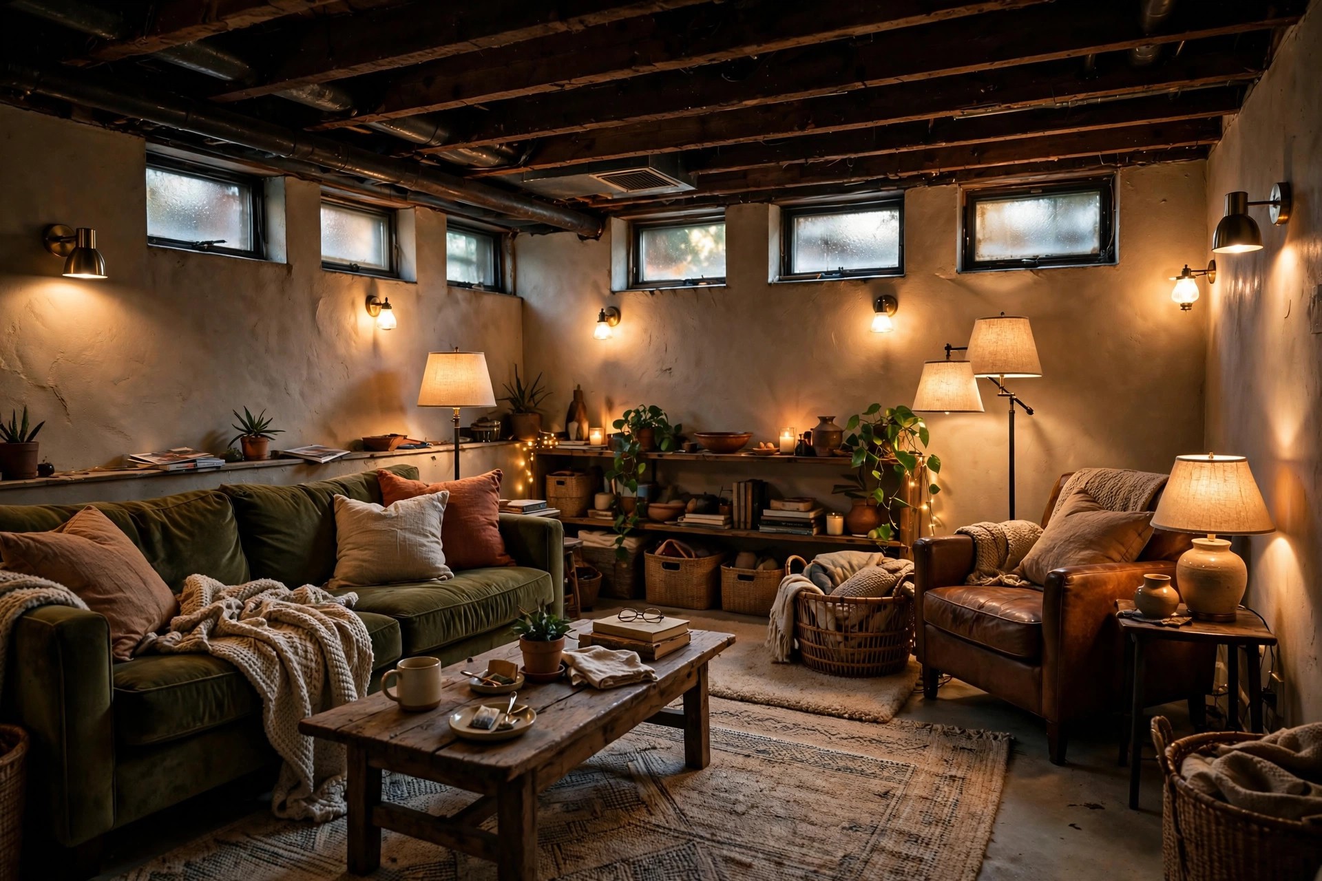 Basement living room lit by layered lamps and wall lights around the edges beneath a low ceiling