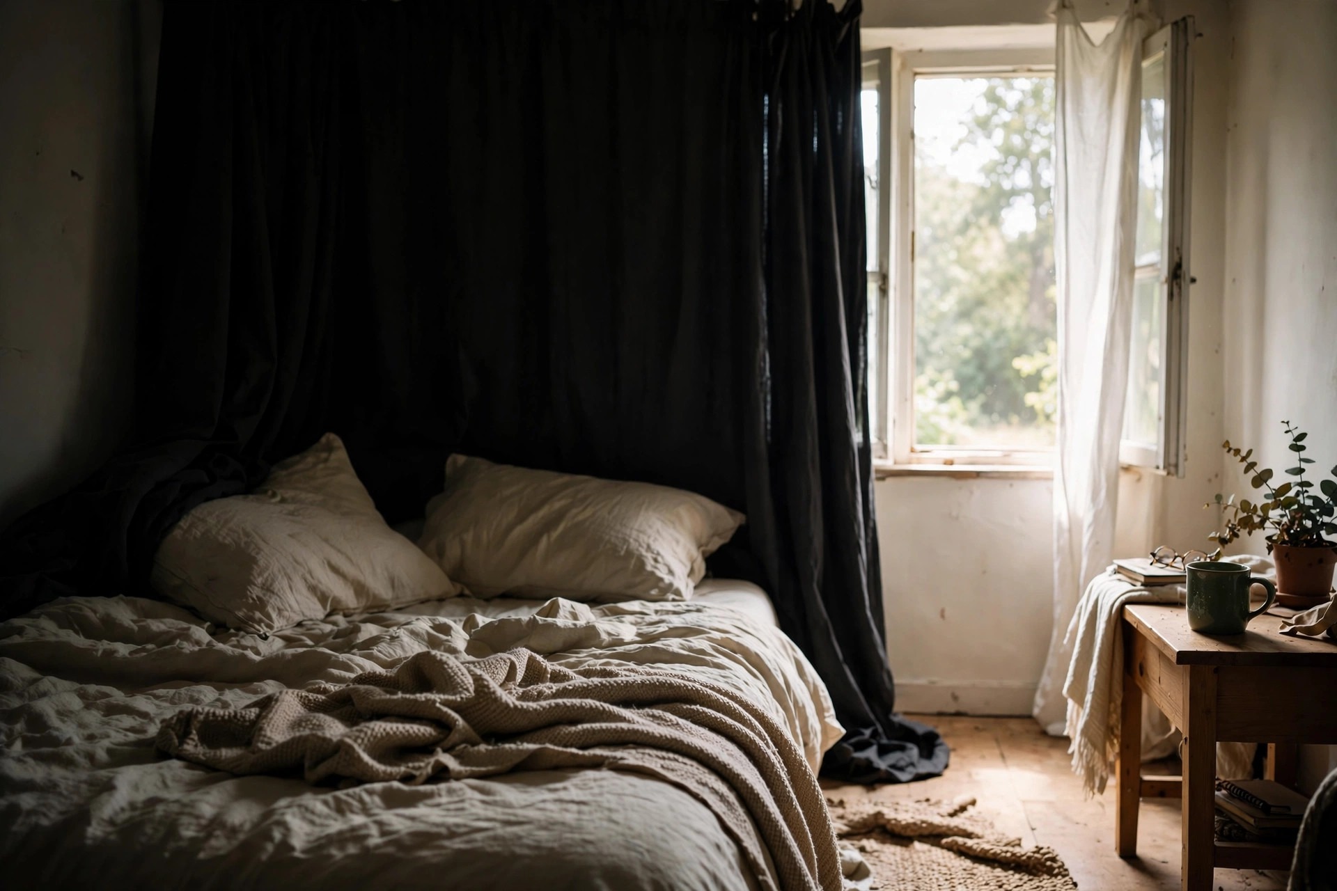 Bedroom window with blackout curtains drawn on the sleeping side and soft daylight on the other side