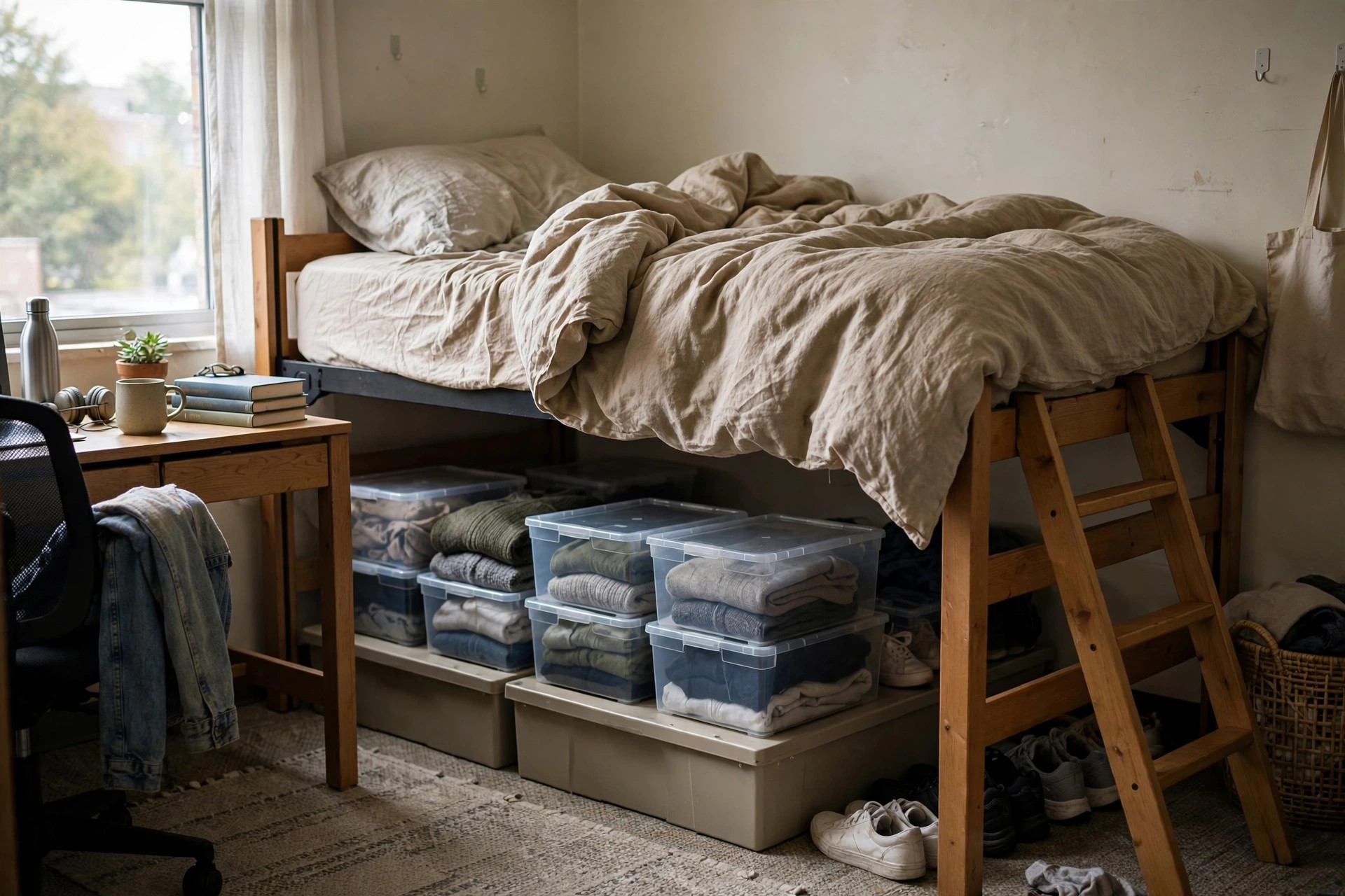 Raised dorm bed with clear storage boxes of folded clothes and shoes stored neatly underneath