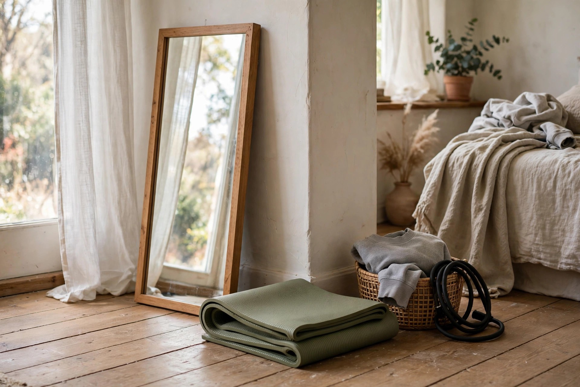 Bedroom workout corner with a slim leaning mirror reflecting window light beside a folded mat