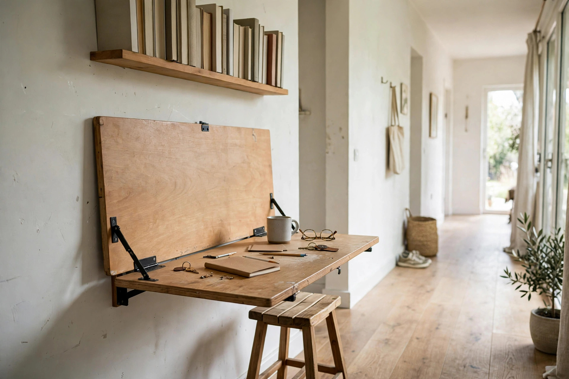 Small homeschool corner with a fold-down wall desk in a bright hallway nook