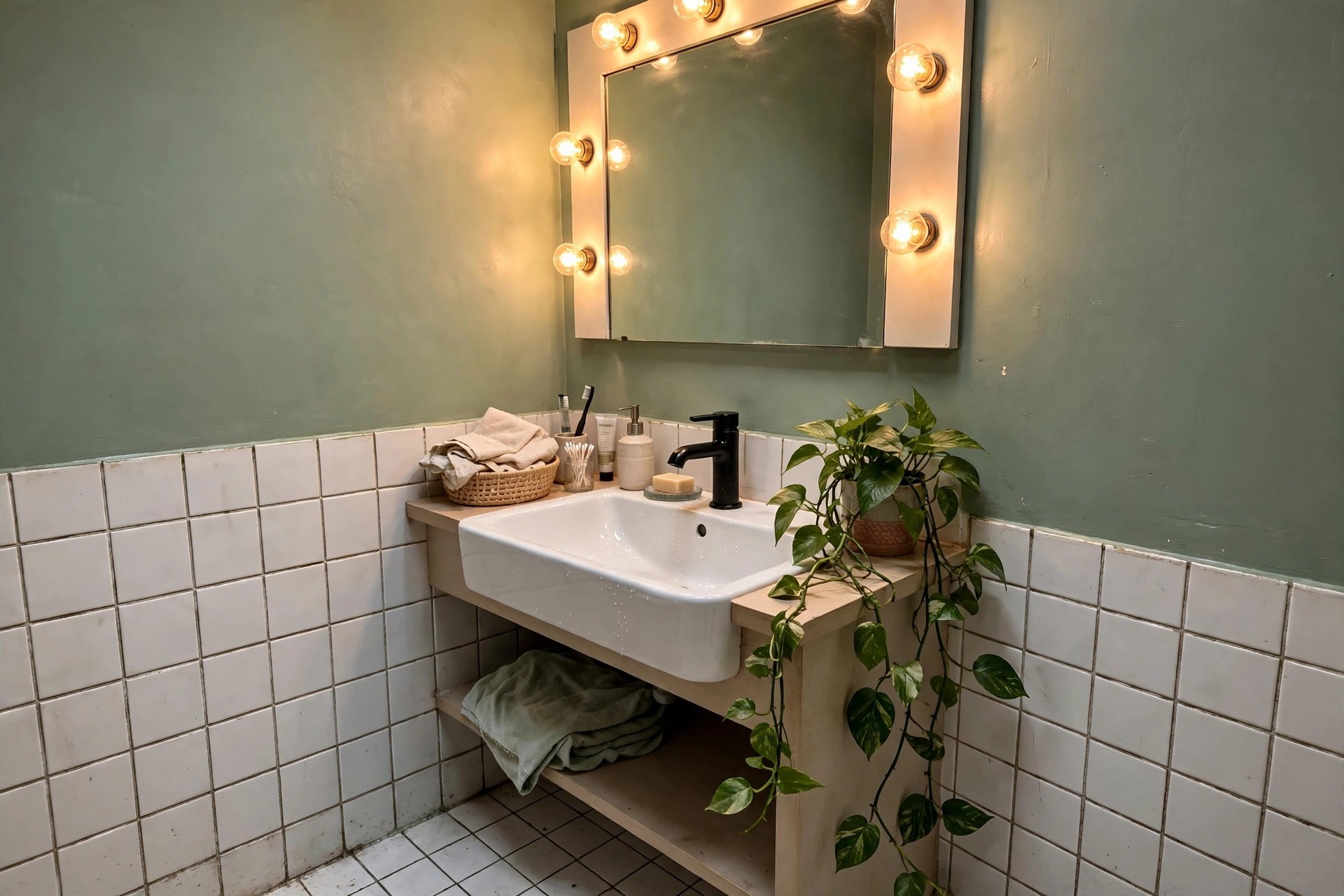 Soft sage green walls borrowing an outdoors feel in a windowless bathroom with warm lighting