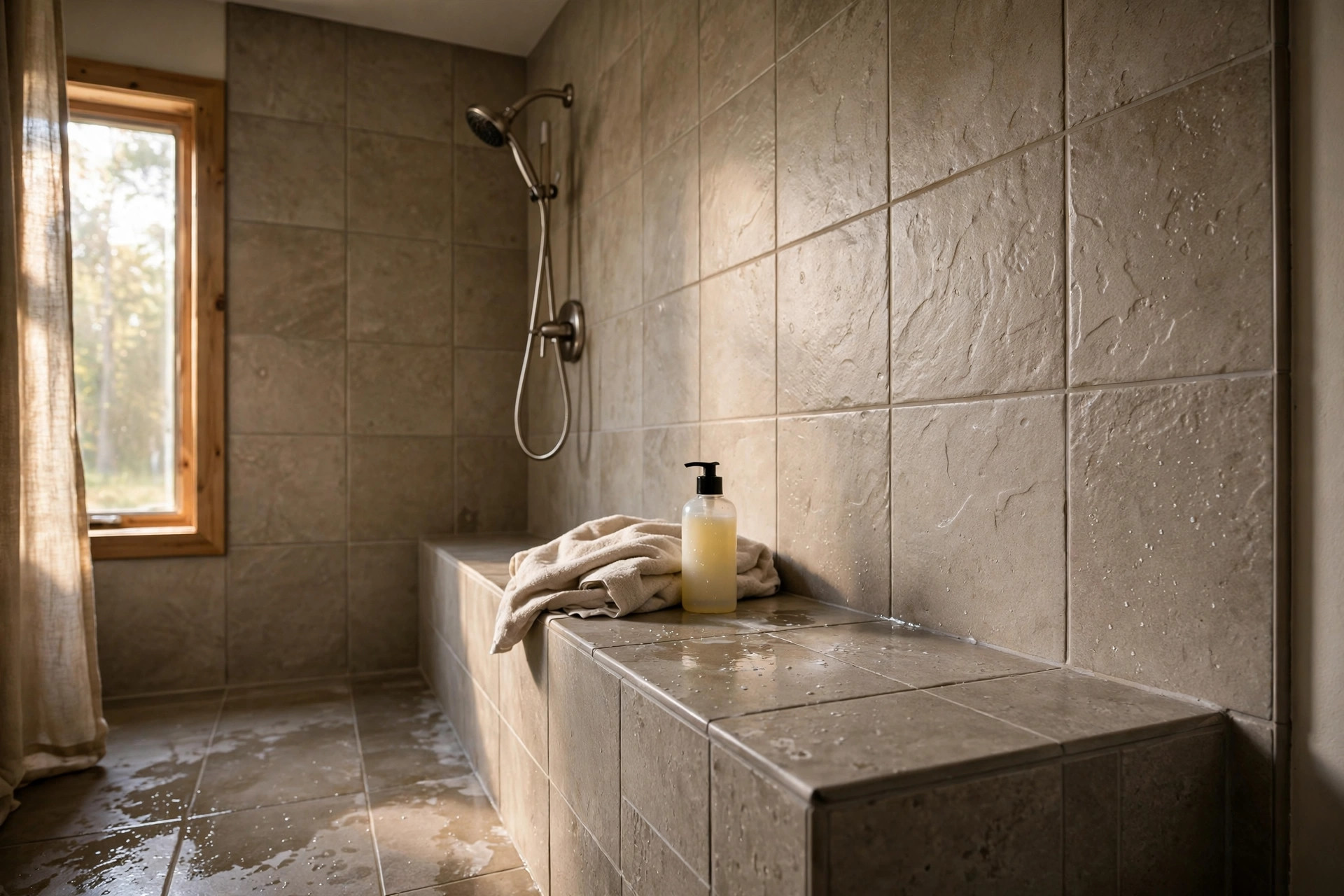 Built-in tiled shower bench inside a walk-in shower in a senior friendly bathroom for elderly parents