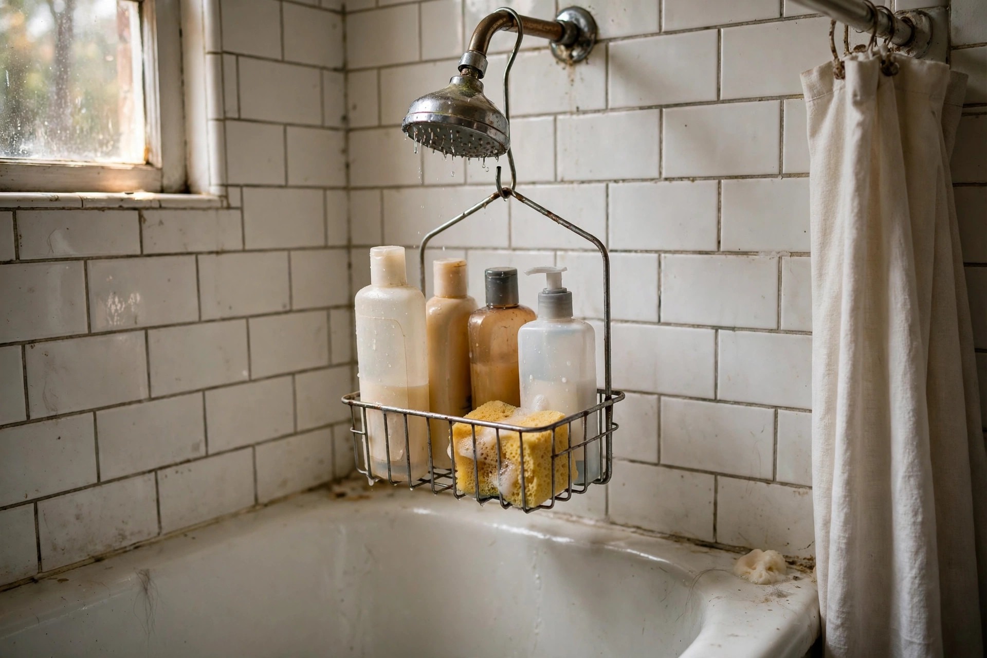 Metal shower caddy hanging from a showerhead with bottles and a sponge in a renter friendly bathroom with no drilling