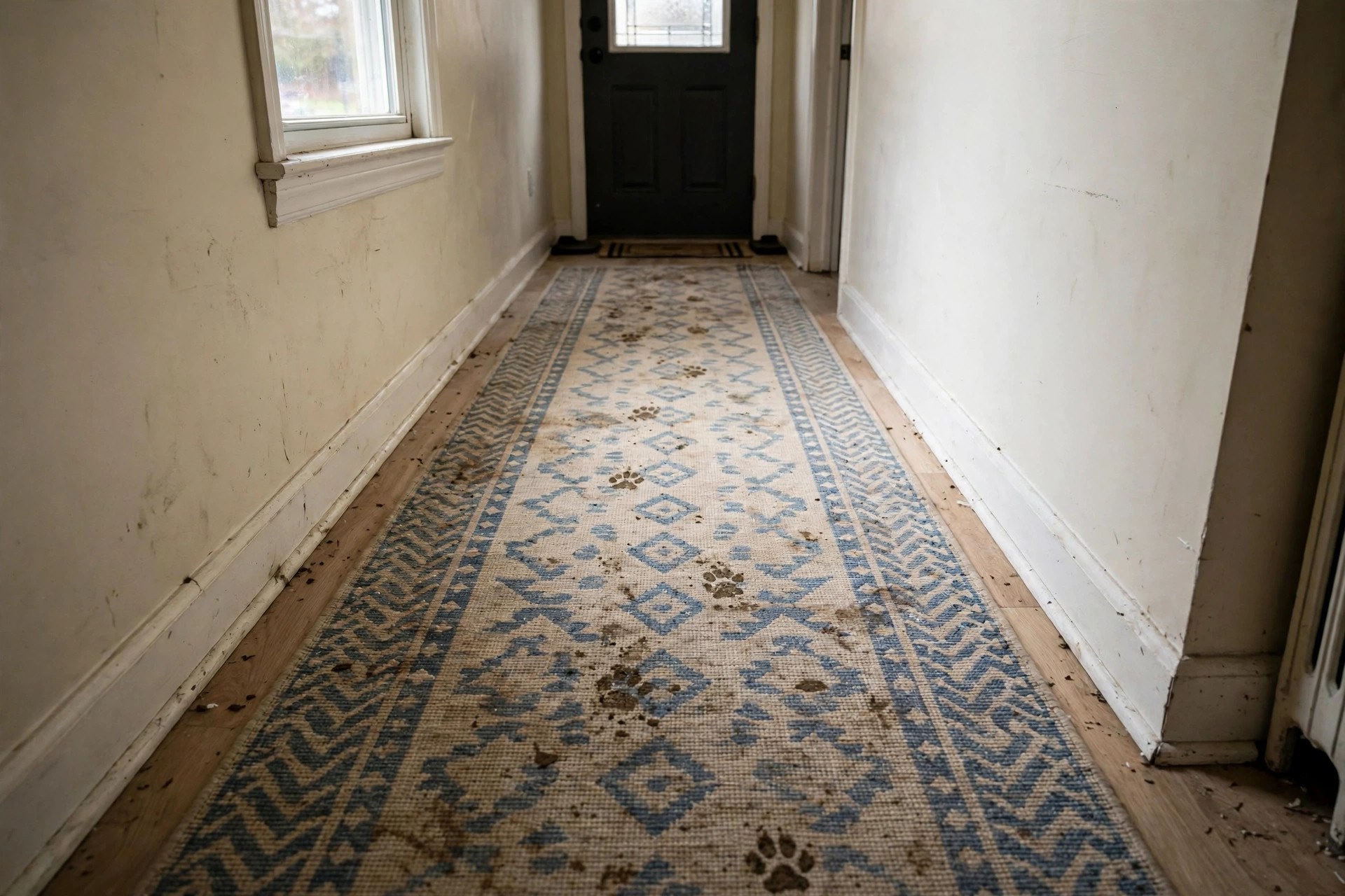 Washable runner with muddy paw prints in a pet-friendly hallway entryway for dog owners