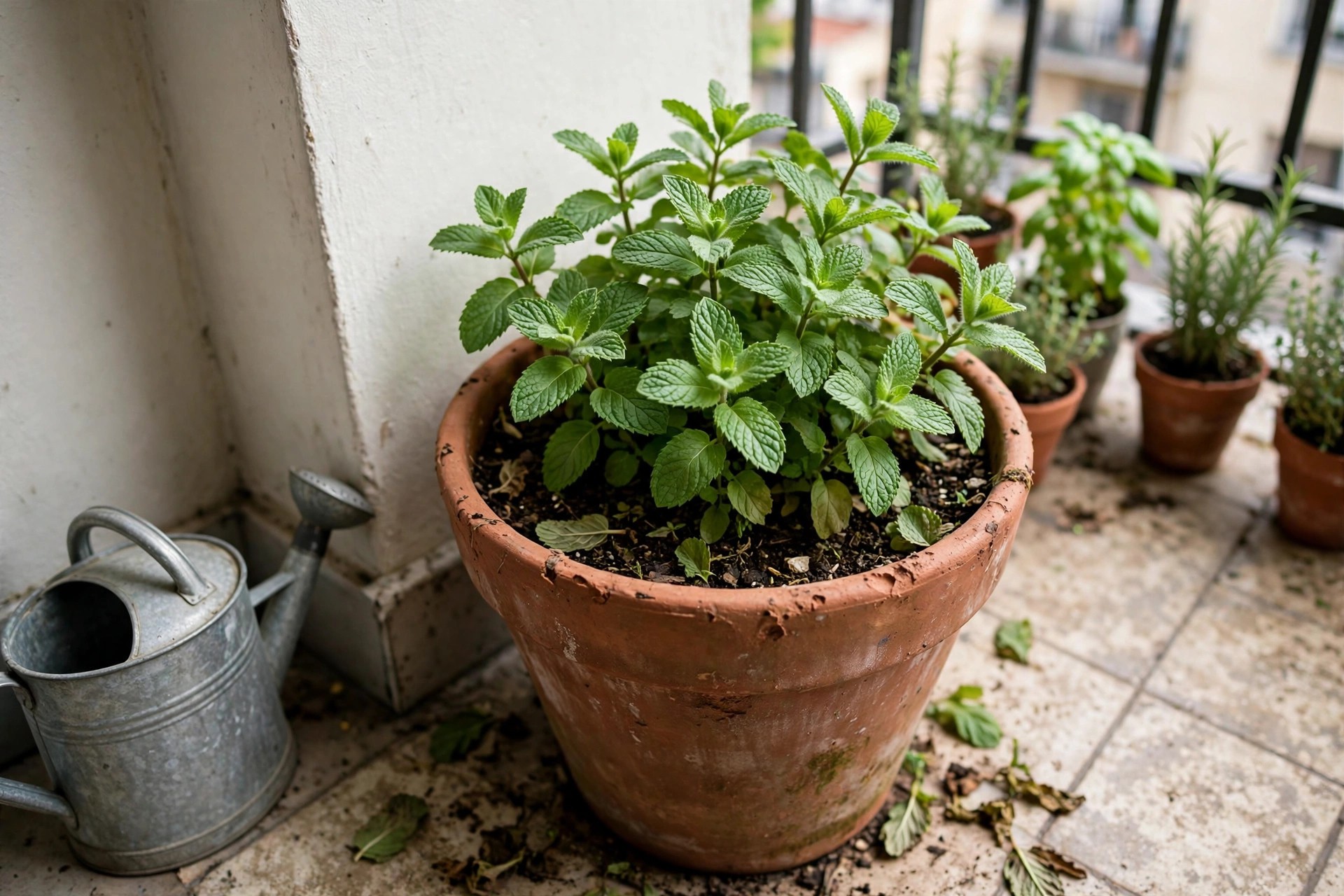 A single terracotta pot of fresh mint growing alone in an apartment balcony herb garden