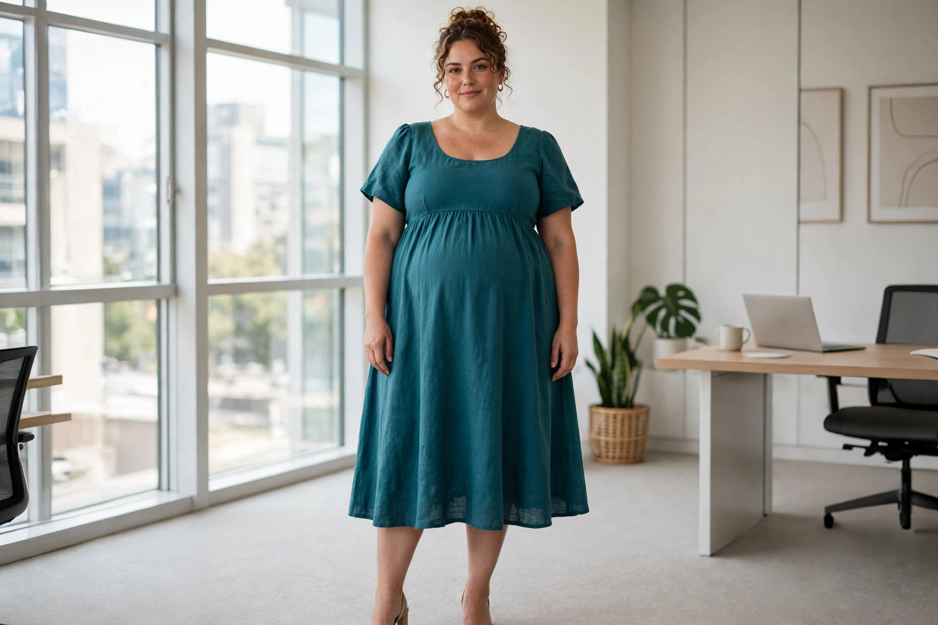 Hourglass woman wearing a teal peplum top with black straight-leg trousers in an office