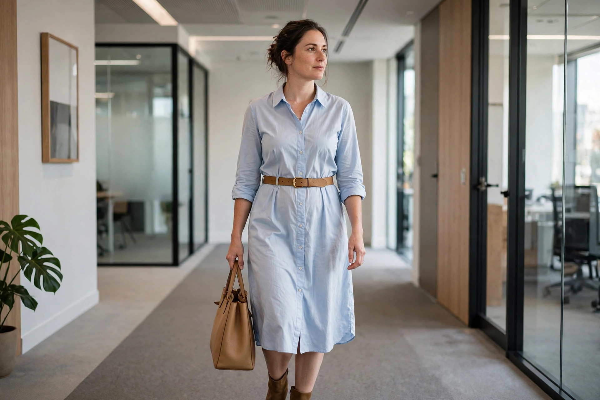Woman in a light blue button-front shirt dress with a tan belt carrying a tote in an office hallway