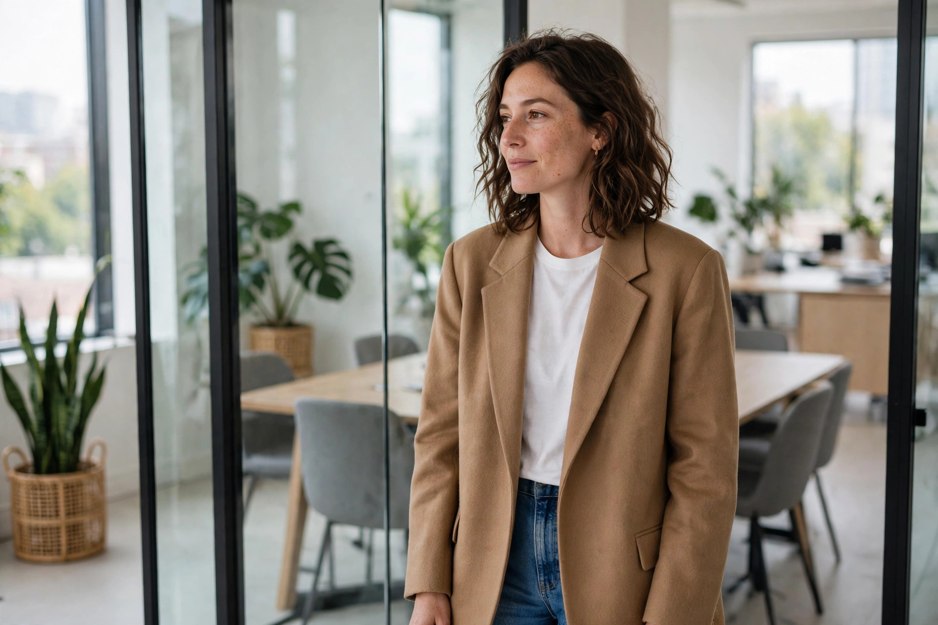 Camel oversized blazer over a white top with straight-leg blue jeans by a glass meeting room