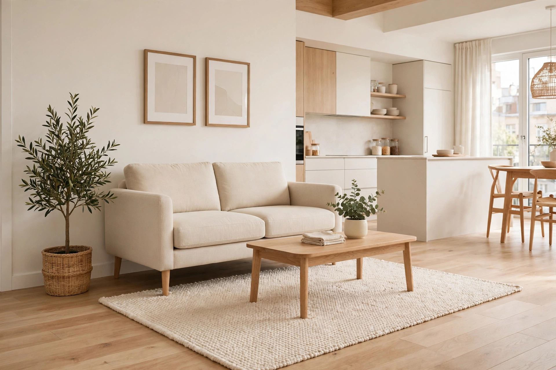 Cream area rug defining the seating zone under a beige loveseat and wood coffee table in an open-plan apartment