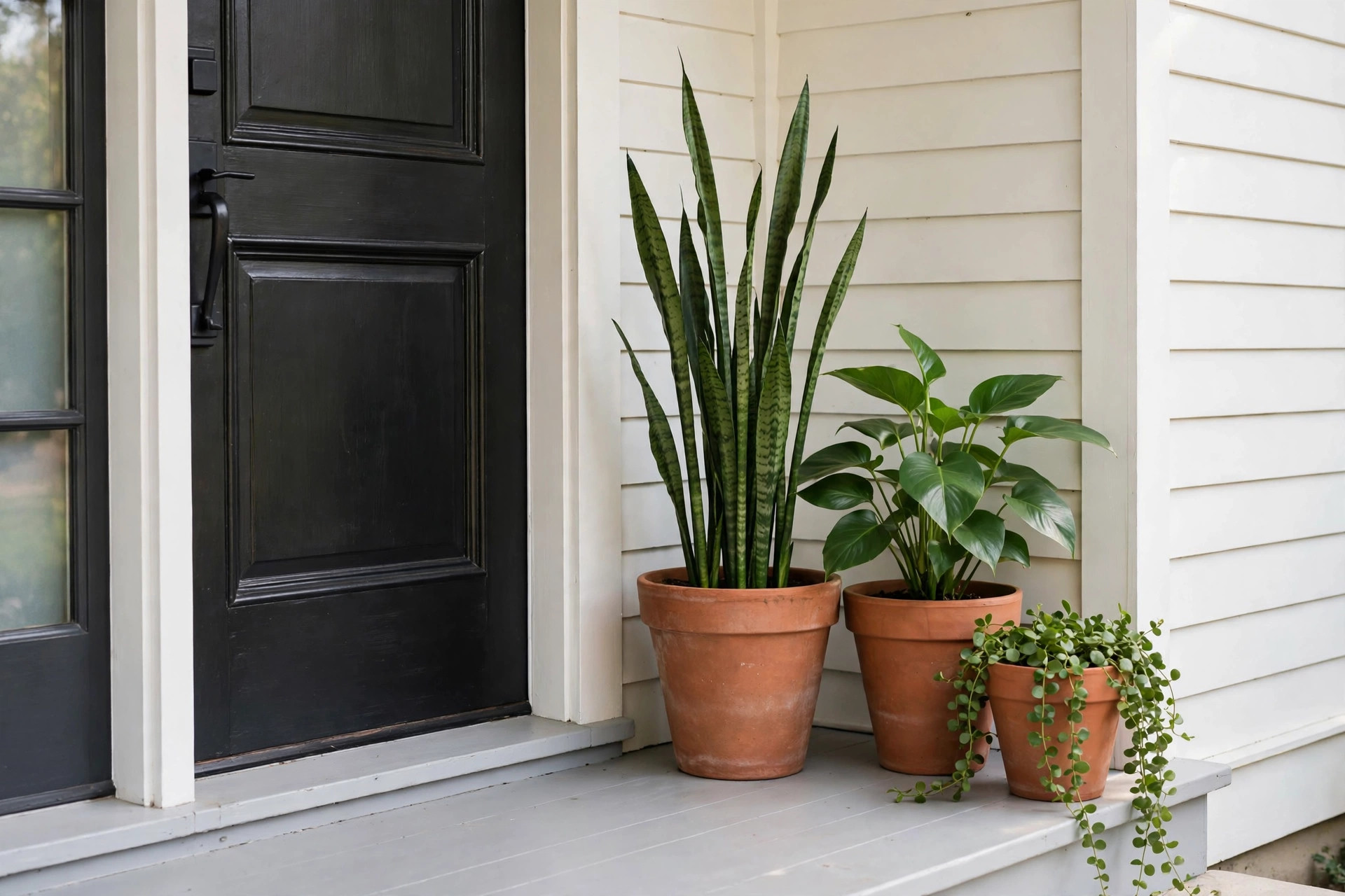 Group of three terracotta pots in different heights with tall, leafy and trailing plants beside a black front door