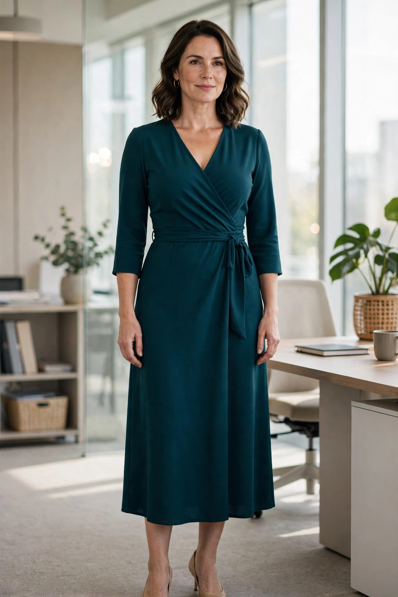 Woman with a large bust wearing a deep teal faux-wrap midi dress with three-quarter sleeves and a defined waist at work
