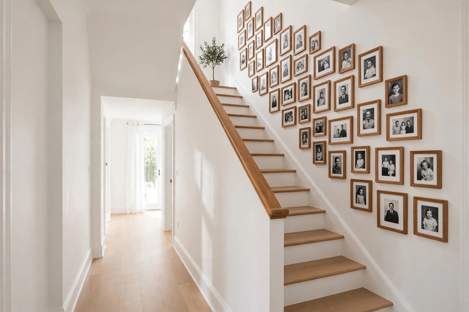 Black and white family photographs in wooden frames climbing a staircase wall