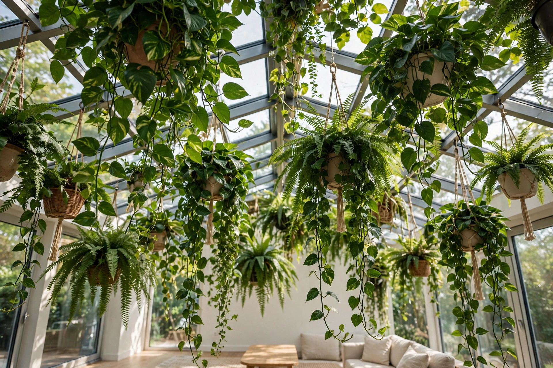 Canopy of hanging pothos and ferns trailing from the glass ceiling of a bright sunroom with dappled light