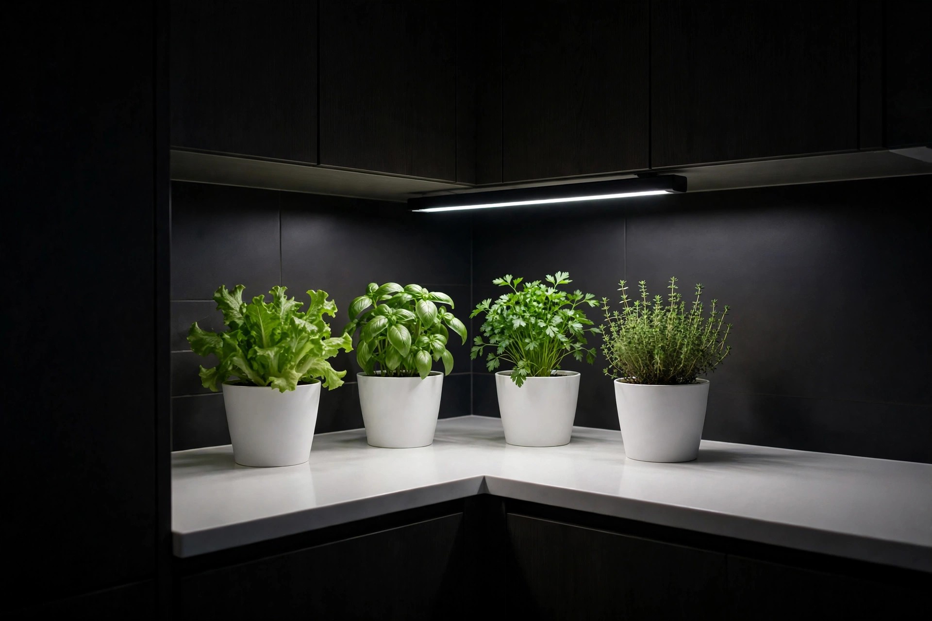 Grow-light counter garden with lettuce and herbs in white pots under an LED light bar in a kitchen corner