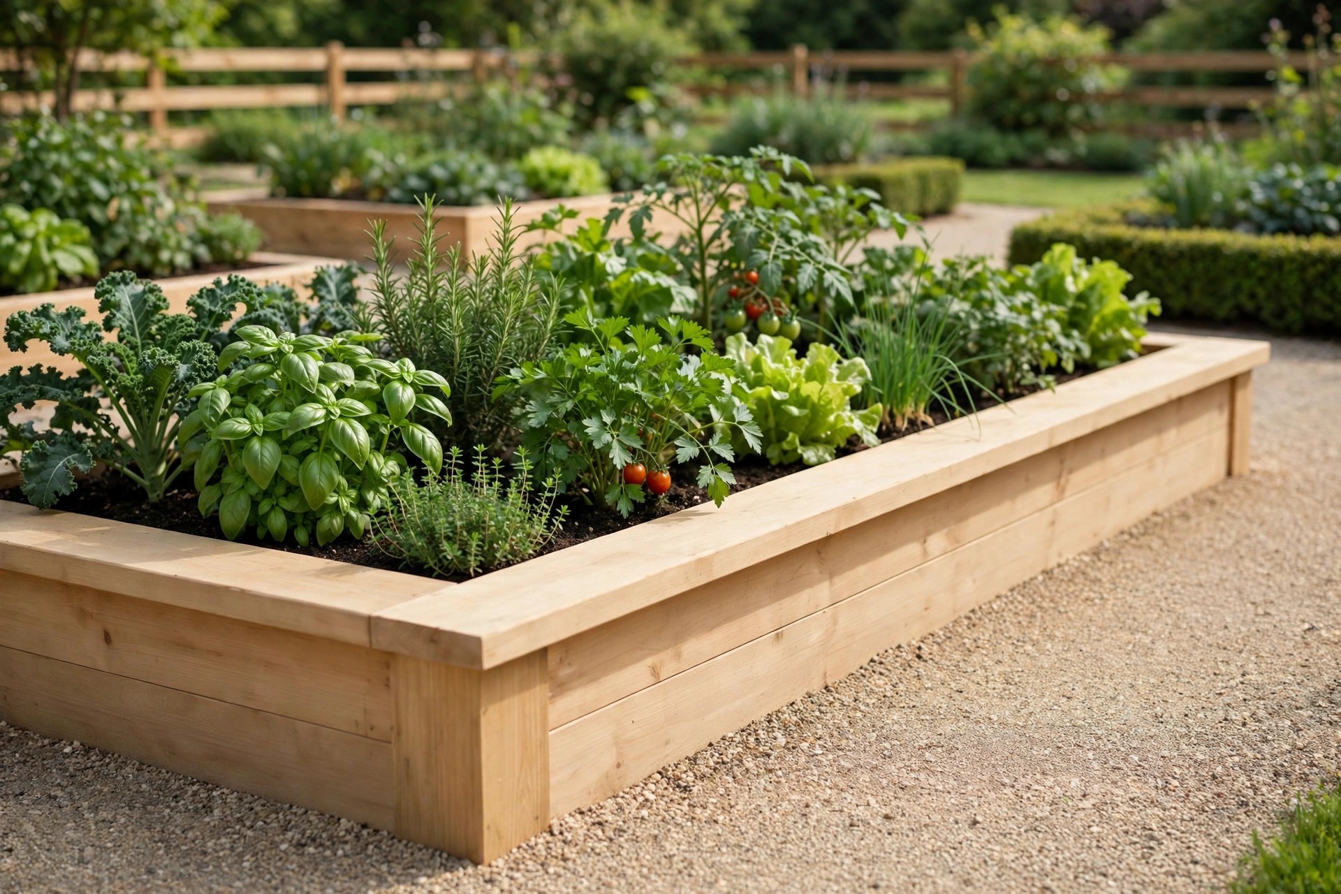 Raised garden bed with a wide flat timber sitting edge and lush herbs and vegetables