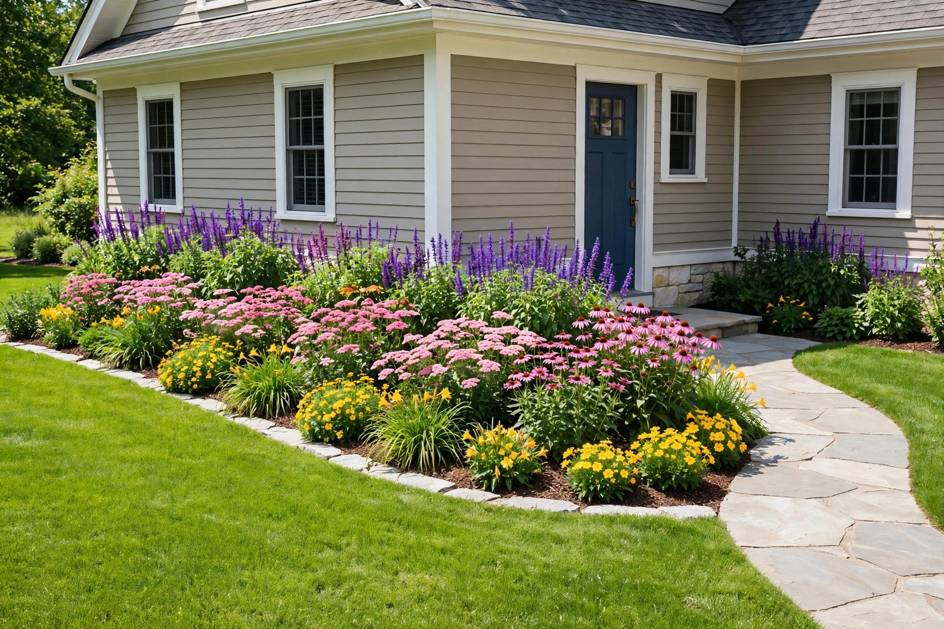 Colourful perennial border with pink, purple and yellow flowers in front of a tidy house