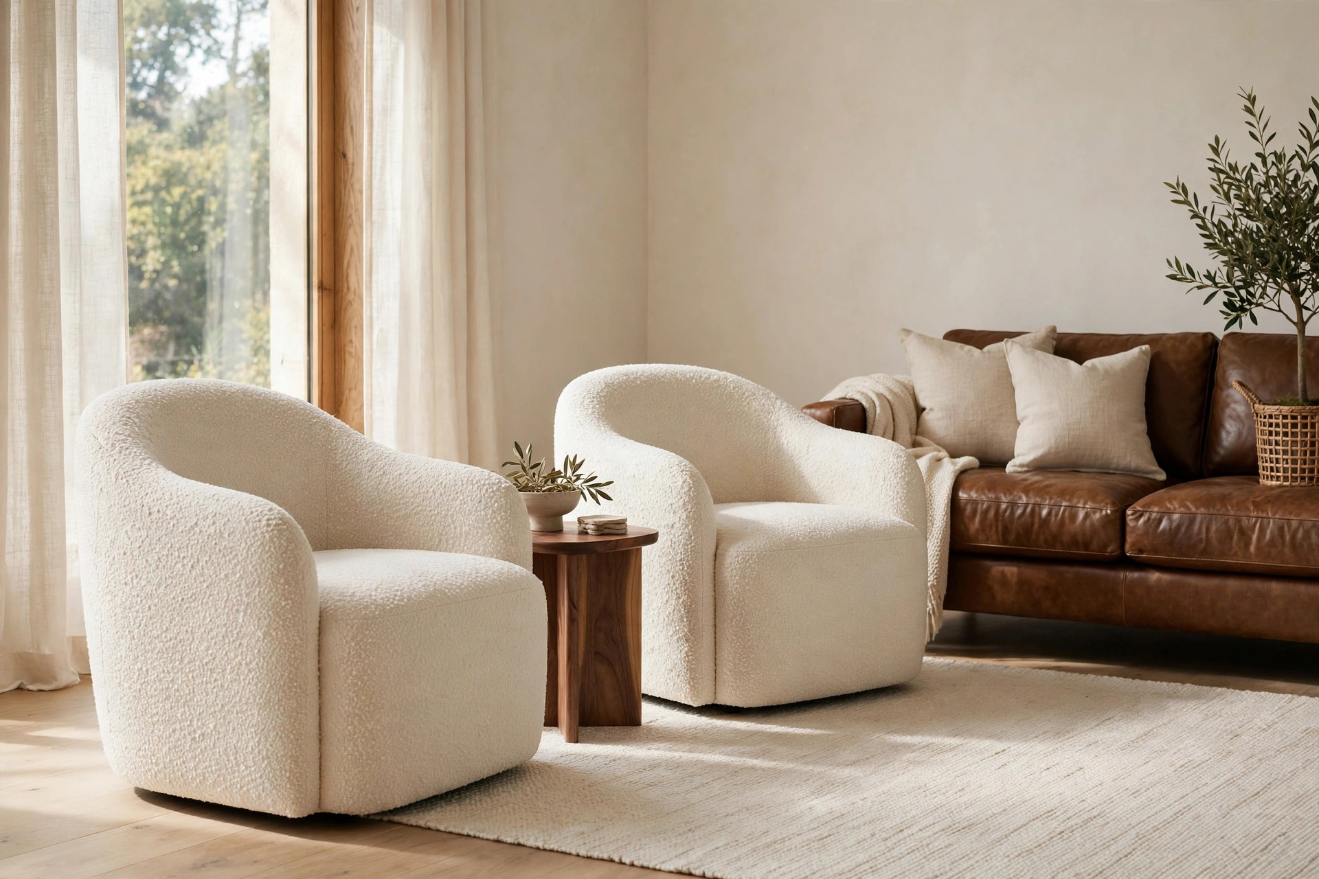 Cream boucle accent chairs paired with a brown leather sofa in a modern living room