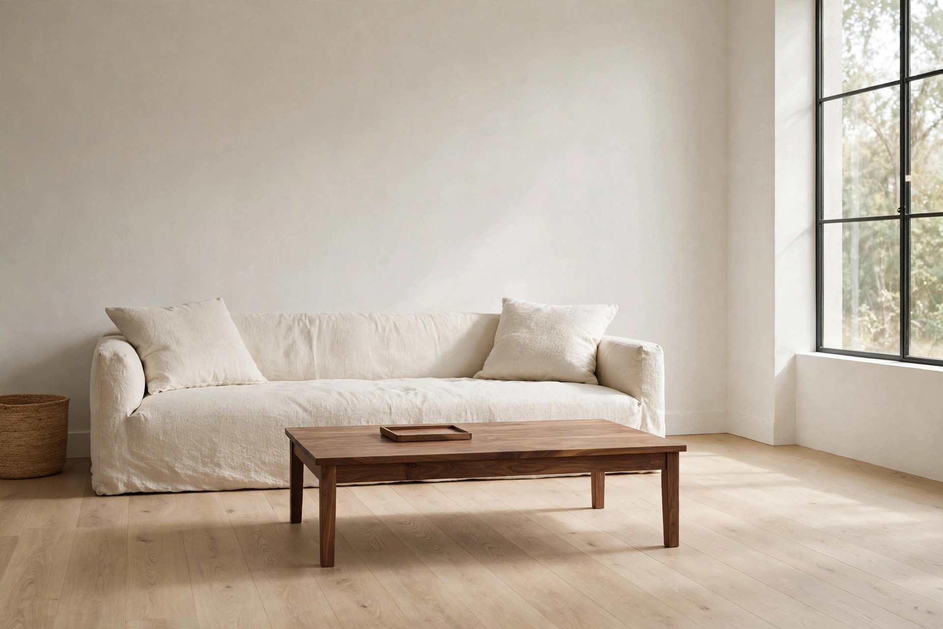 Walnut wood coffee table and sideboard used sparingly in a calm minimalist brown living room