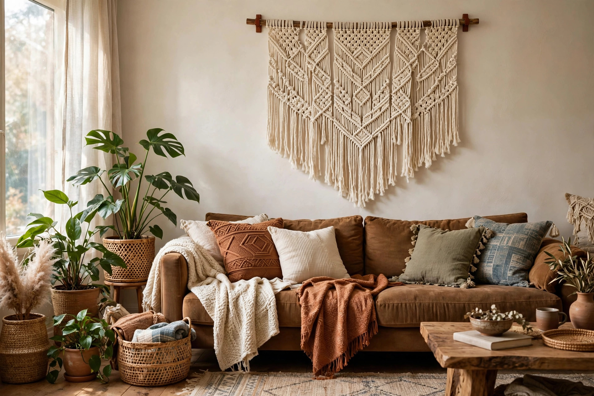 Large cream macrame wall hanging above a brown sofa in a bohemian living room with layered textiles
