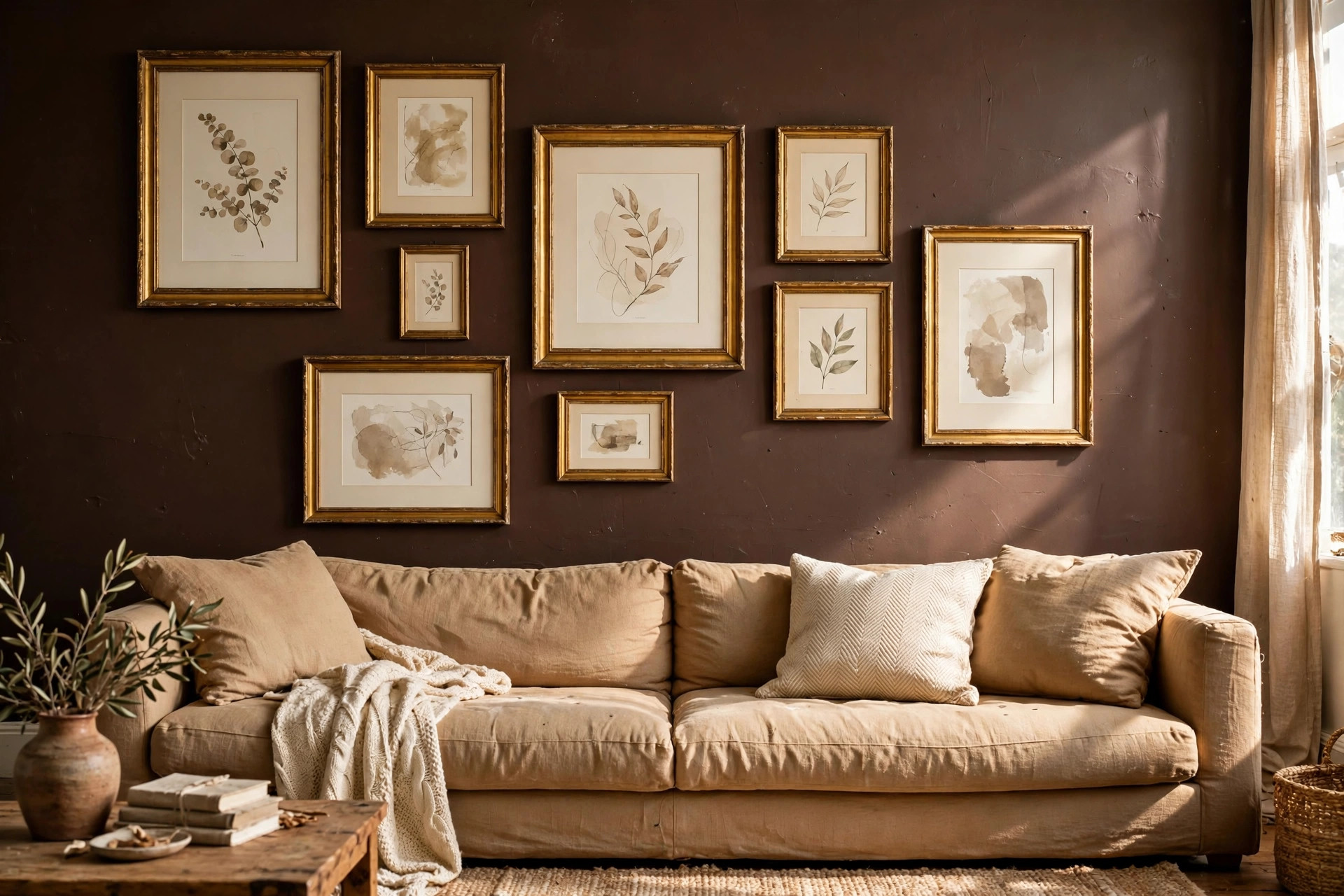 Gallery wall of gold-framed art on a deep brown painted wall above a tan sofa