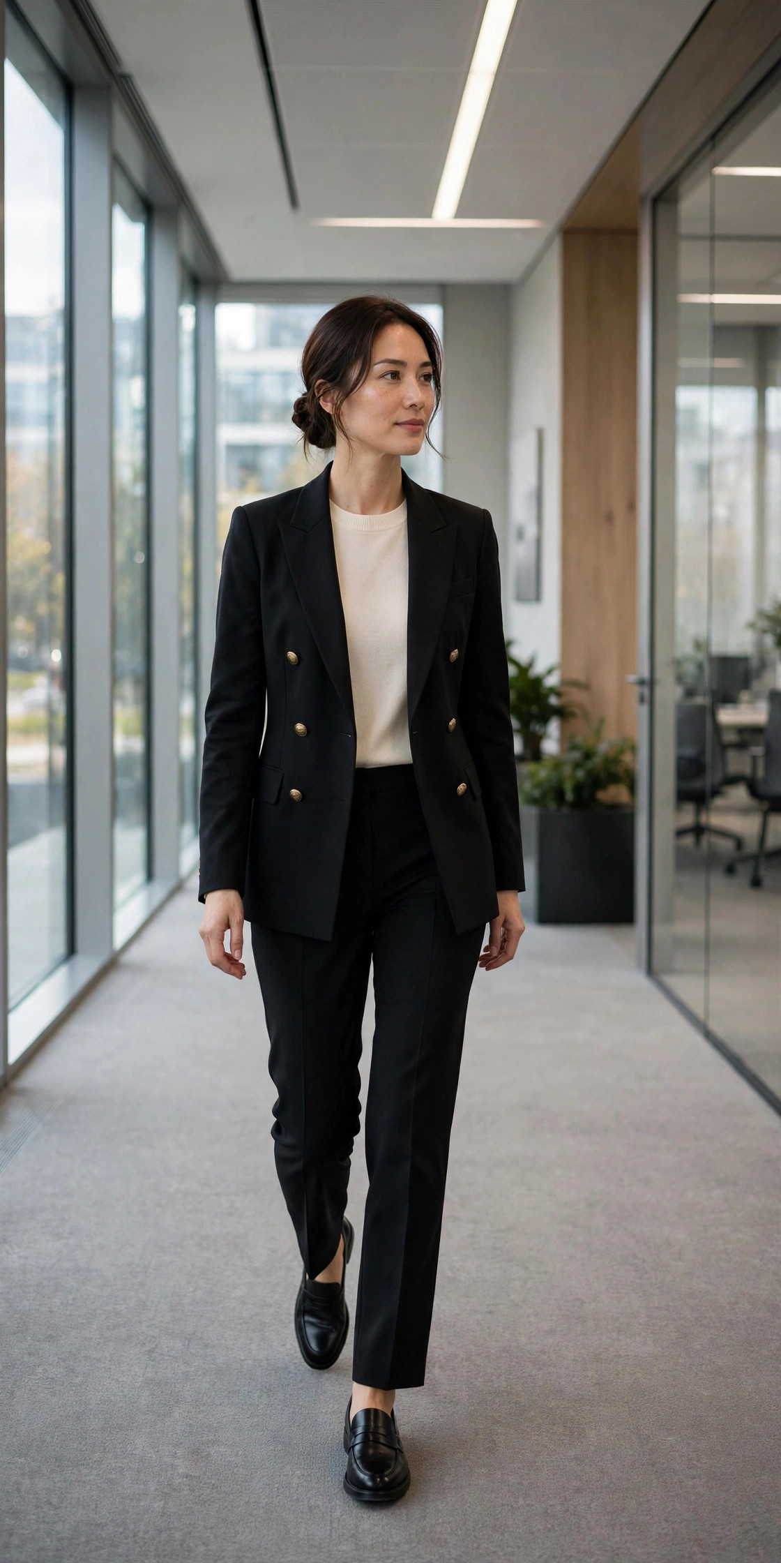 Woman in a black double-breasted blazer with straight-leg trousers and loafers walking through an office corridor