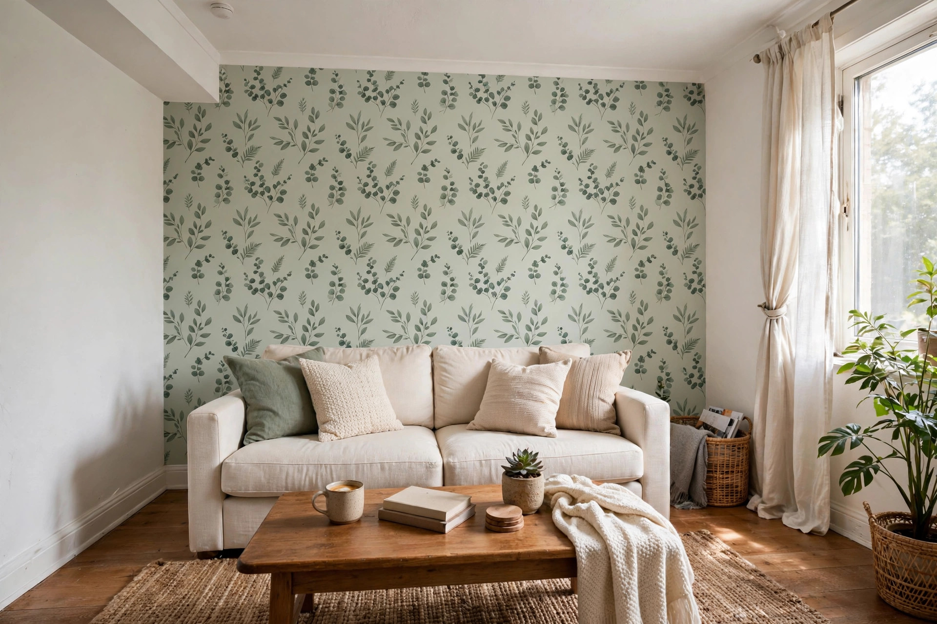 Removable peel-and-stick wallpaper feature wall behind the sofa in a rental living room