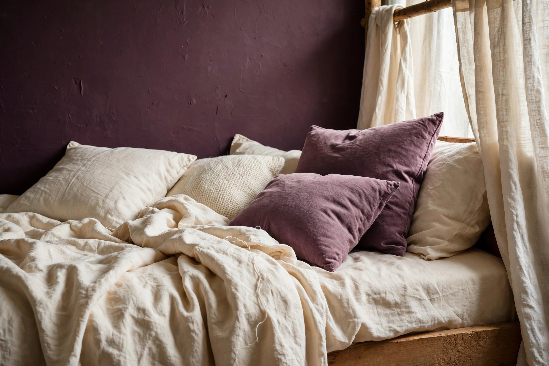 Plum and cream bedroom pairing deep plum walls with warm cream bedding and curtains