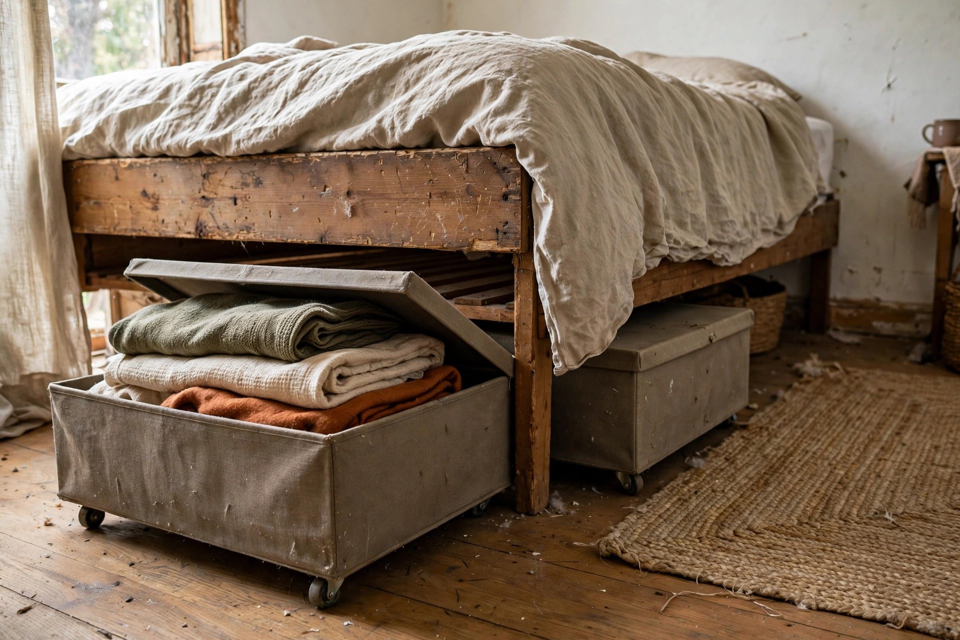Low storage boxes with lids sliding under a bed frame in a bedroom with no closet