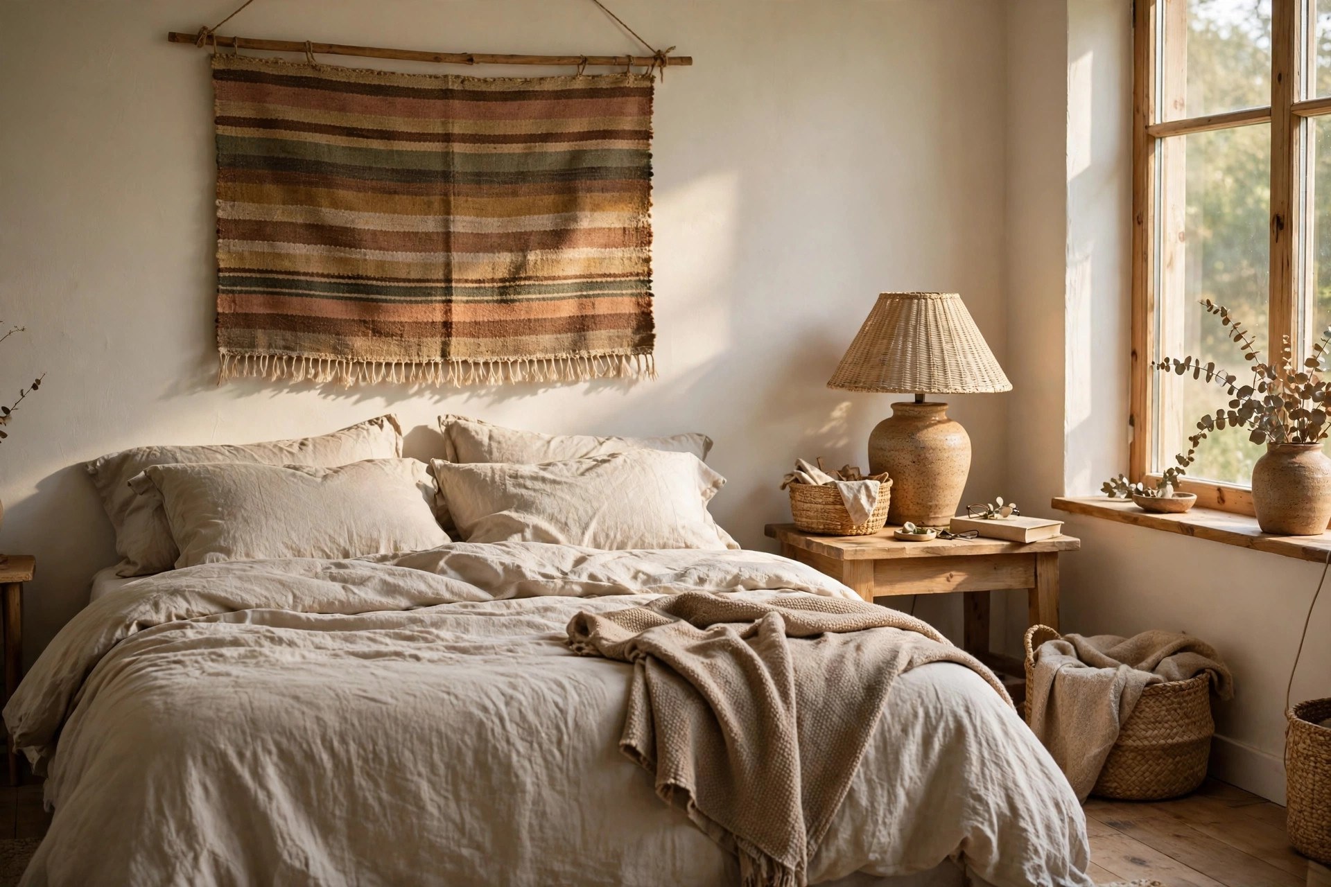 Woven striped tapestry hanging from a wooden rod as above bed decor over a bed with no headboard