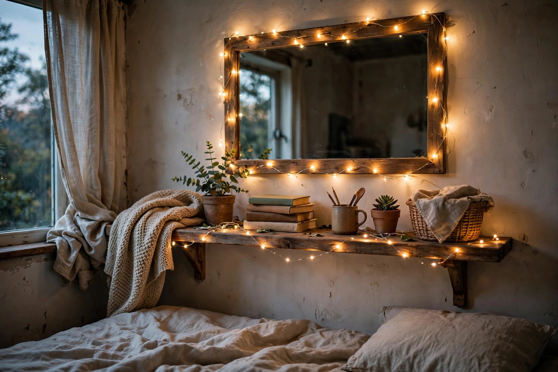 Warm white fairy lights strung along a bedroom shelf in a cozy Christmas guest bedroom