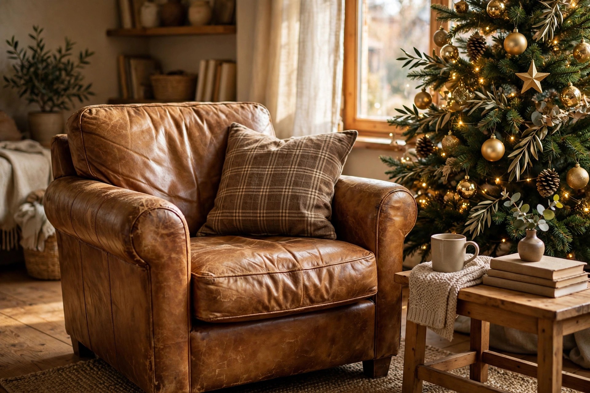 Worn cognac leather armchair with a brown plaid cushion next to a gold-dressed Christmas tree
