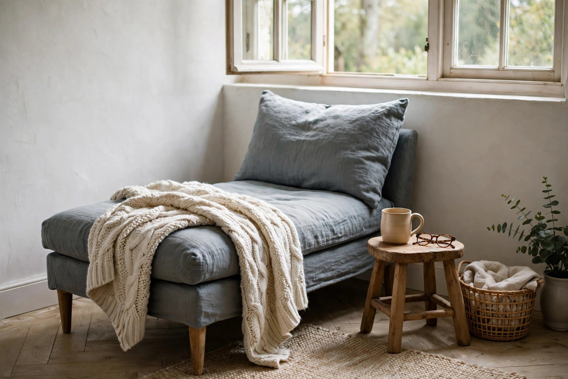 Grey-blue linen chaise lounge along a wall, a comfy reading seat for small spaces with a knit throw and a stool for a mug and glasses