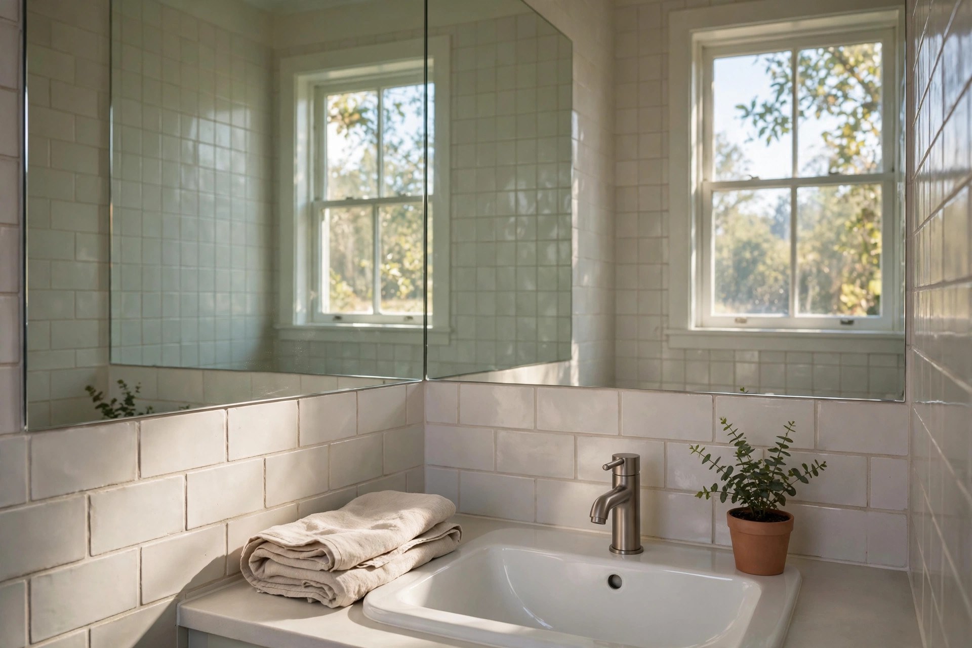 Large mirror above a basin reflecting window light in a small bathroom