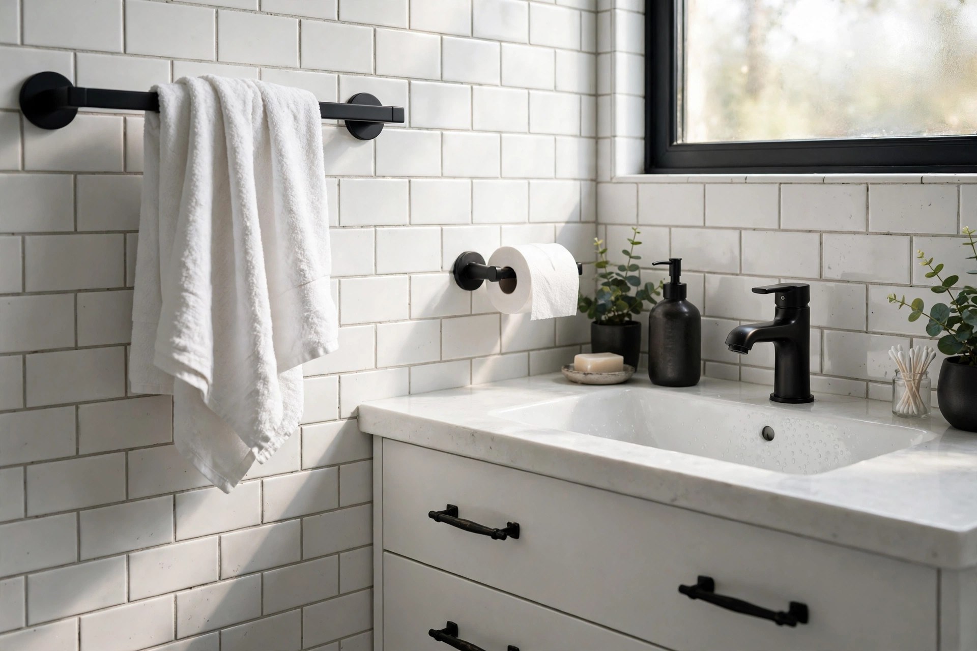 Matching matte black tap, towel rail and handles in a bathroom micro-makeover under $200