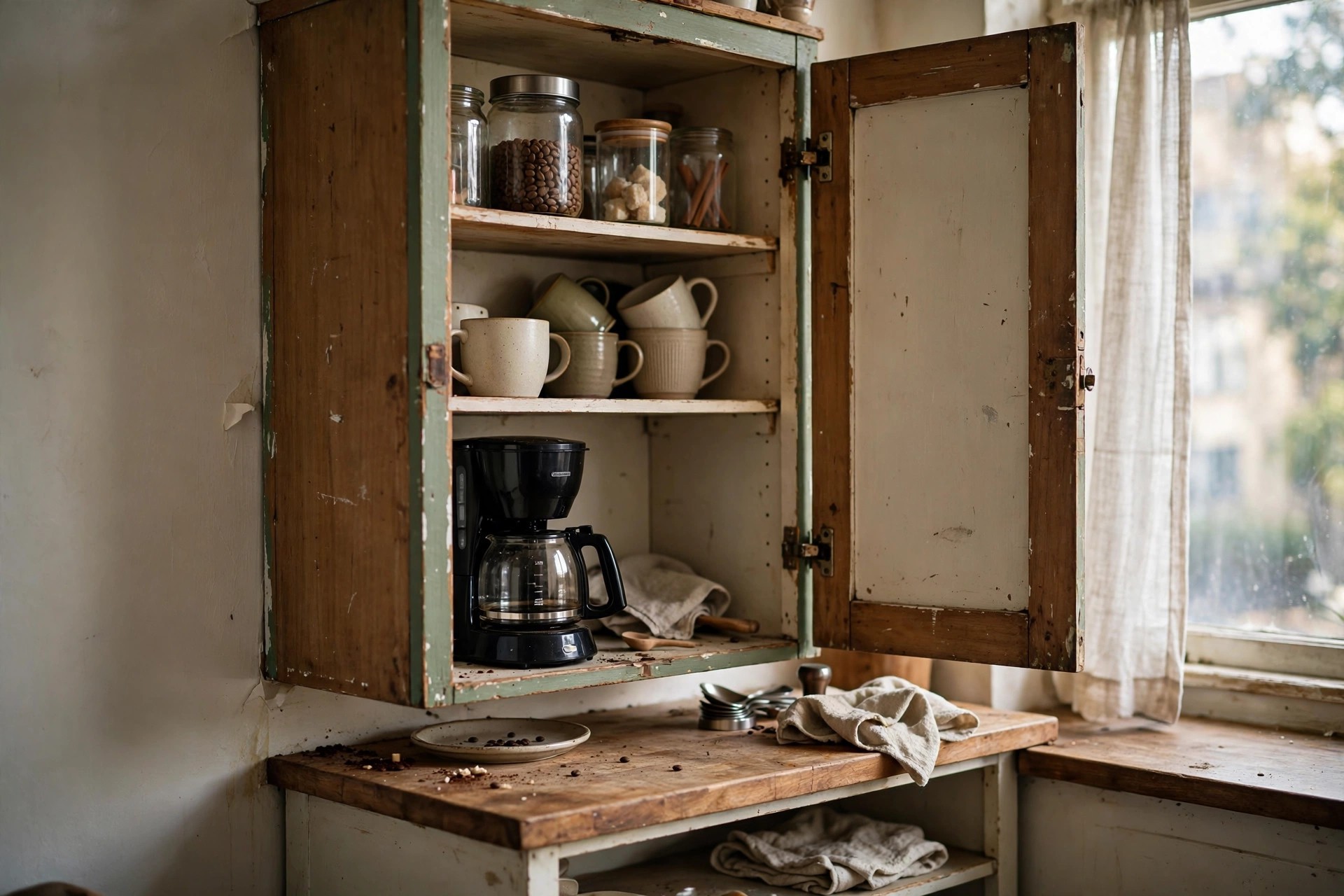 Kitchen cabinet converted into a coffee station with a coffee maker, mugs and bean jars inside