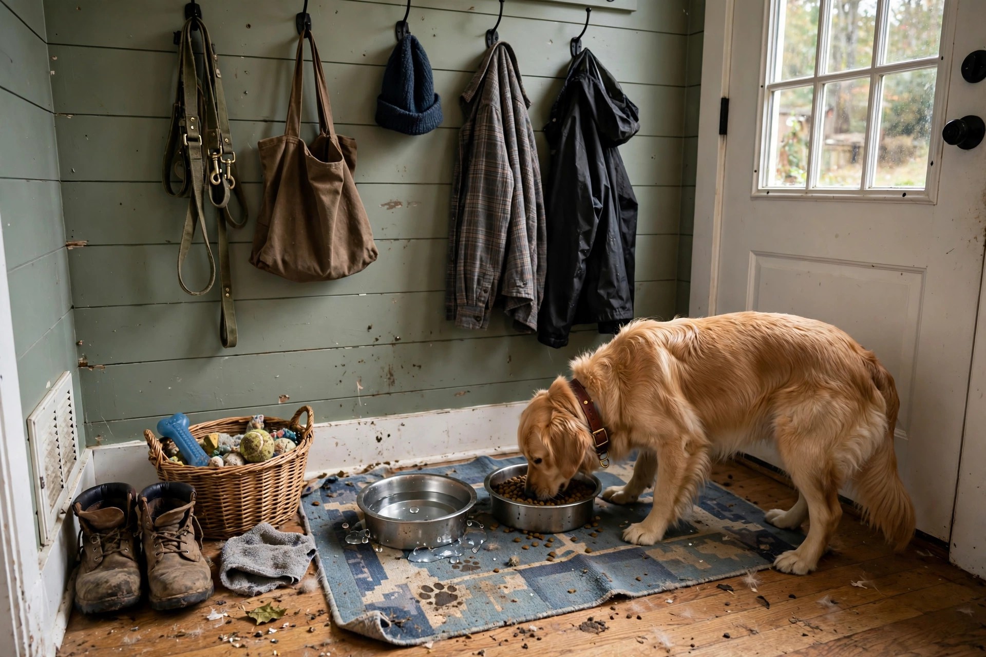 Cosy mudroom corner pet feeding station with bowls, hooks and a washable mat by the back door