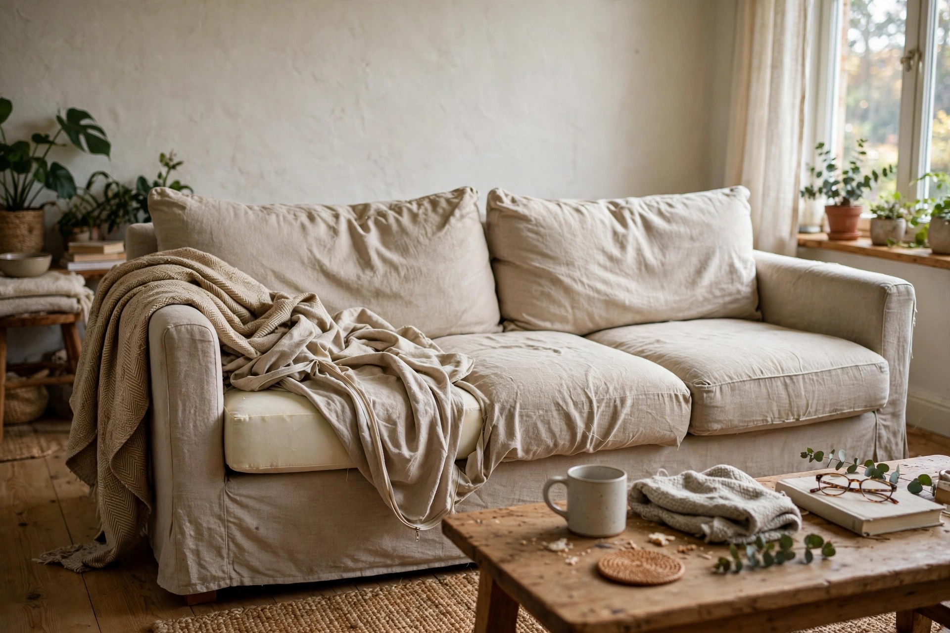 Sofa with removable washable covers in a bright living room, one cushion cover lifted to show how it removes