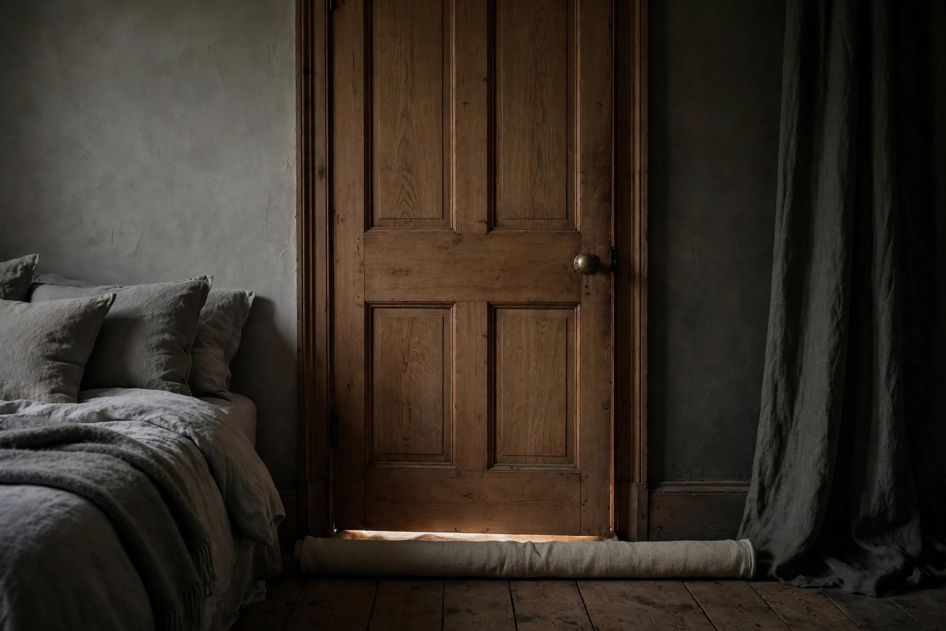 Bedroom door with a soft draught excluder blocking light along the floor