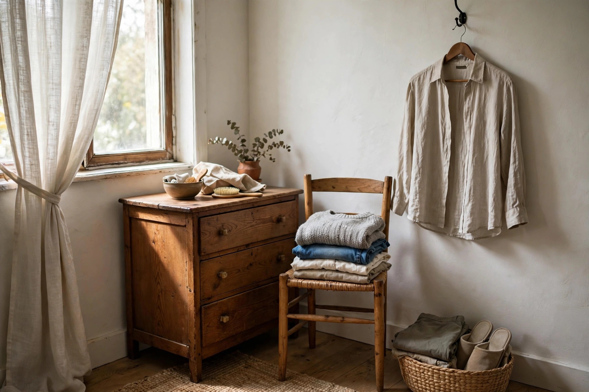 Quiet dressing corner in a bedroom with a chair, folded clothes and a small dresser away from the bed