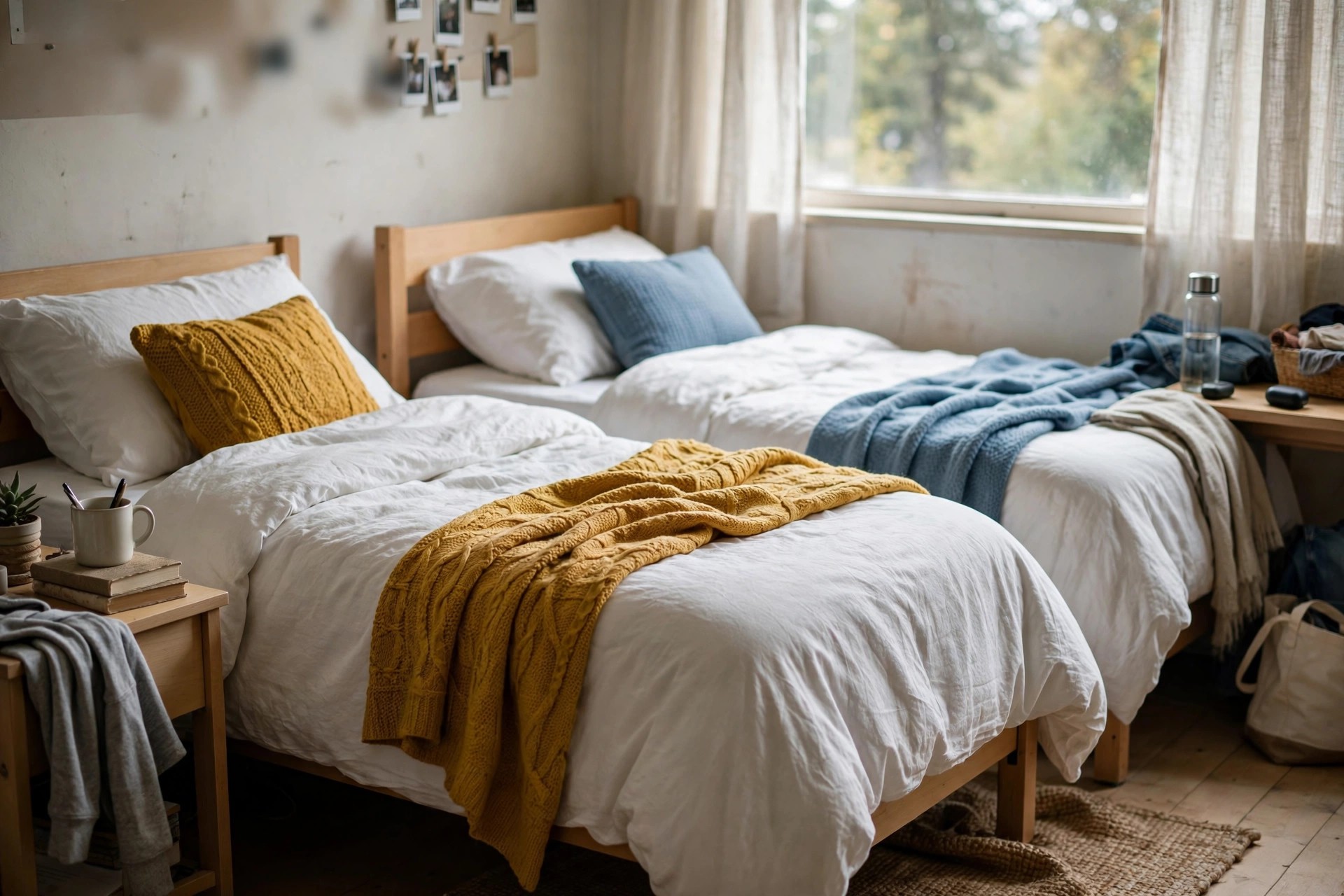 Two dorm beds with matching white duvet covers finished with different personal throws in mustard and soft blue