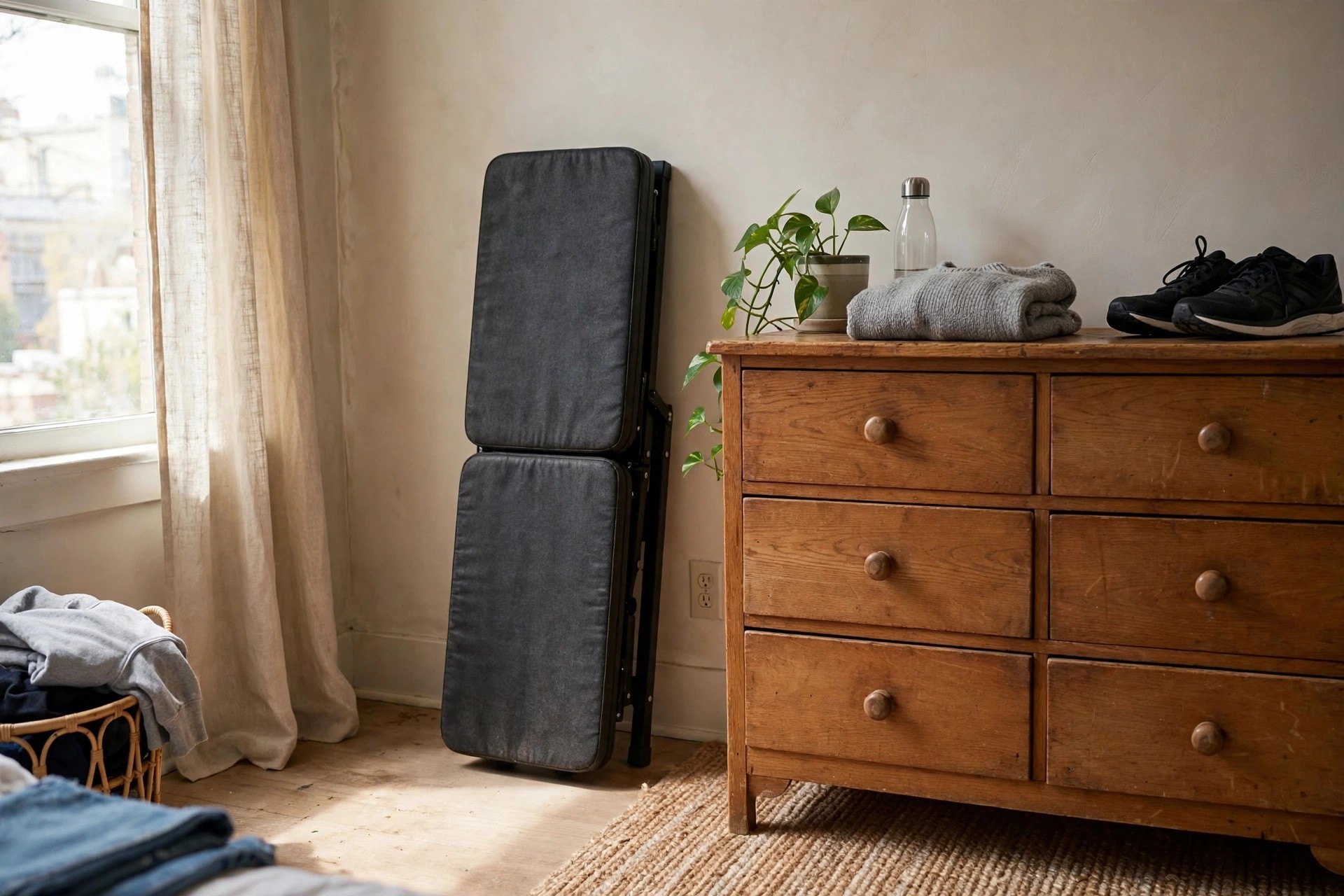 Foldable workout bench stored flat against a bedroom wall next to a dresser in a small apartment