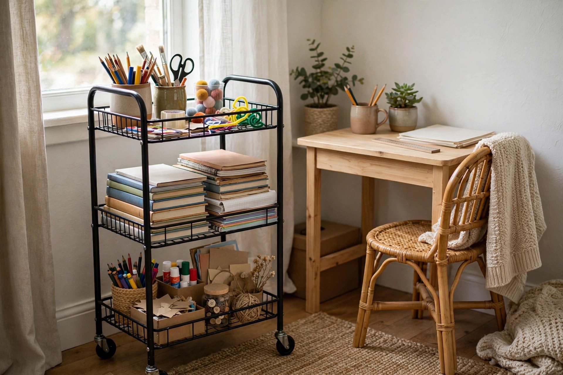 Rolling cart homeschool station with books and supplies in a small living room corner