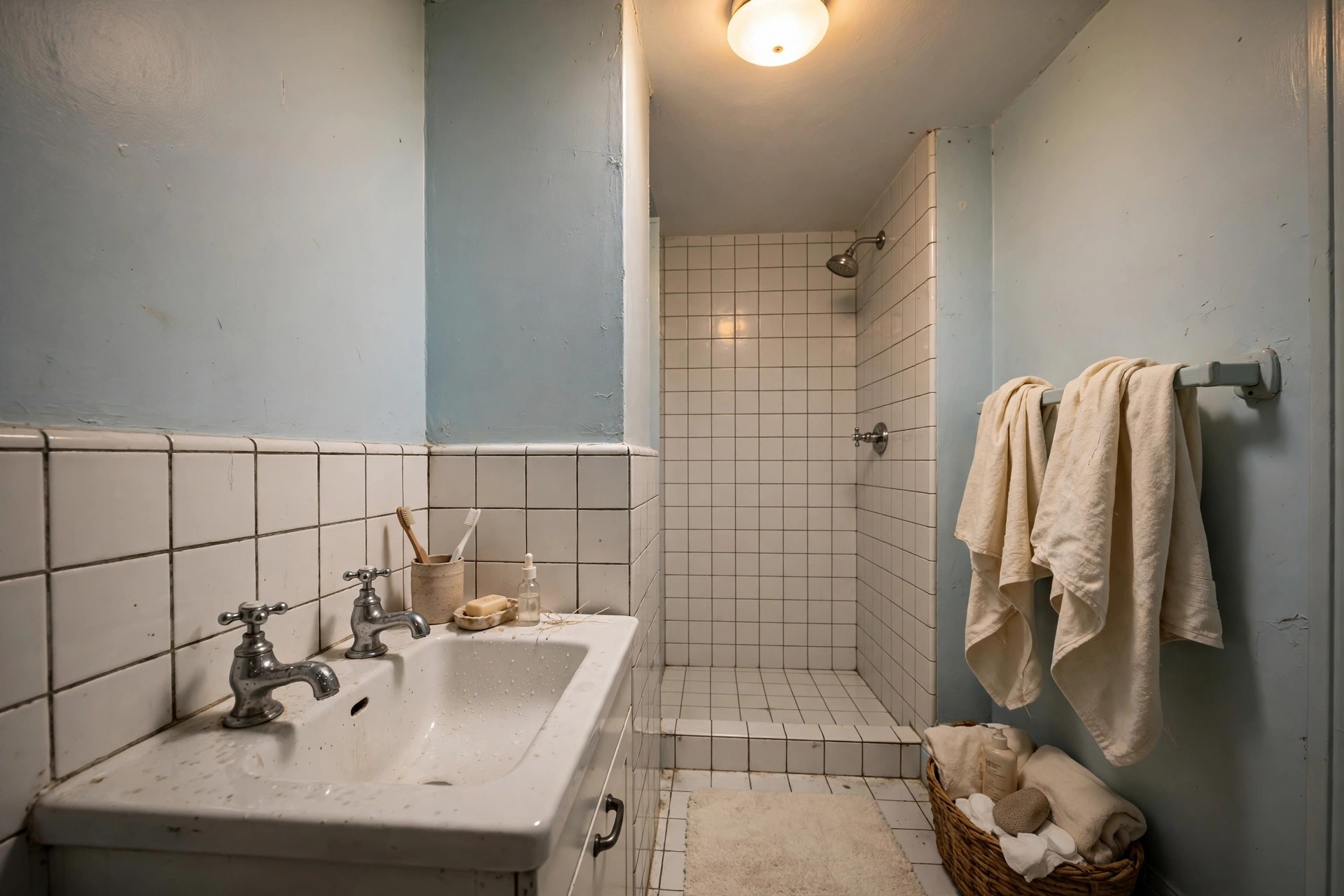 Powder blue walls that feel like daylight in a bathroom with no windows and silver fittings
