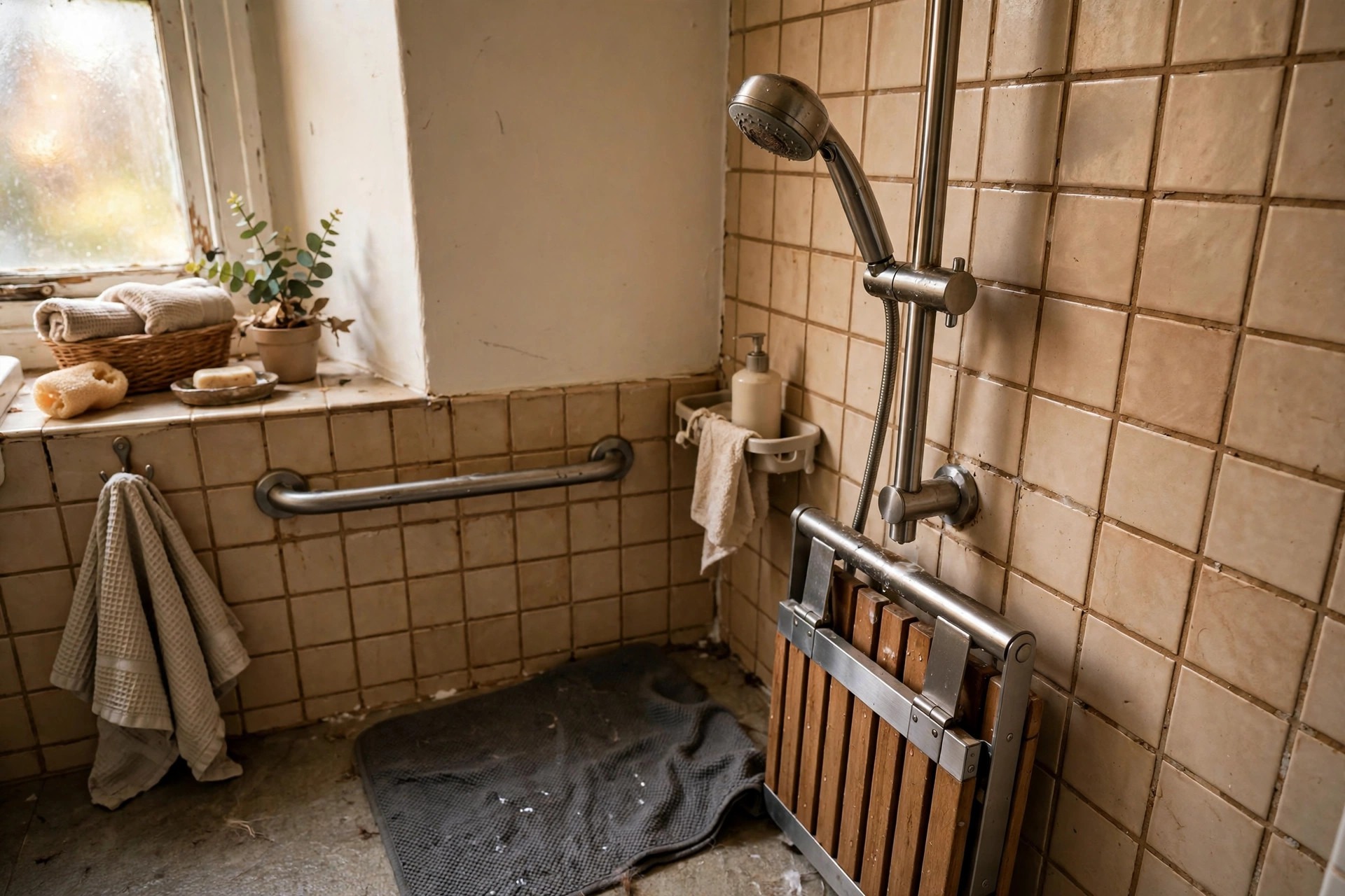Handheld shower head mounted on an adjustable slide bar in an accessible bathroom for elderly parents