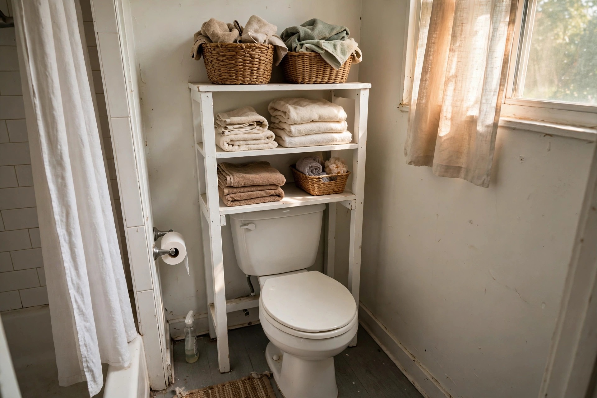 Freestanding over-toilet shelf unit with folded towels and baskets in a renter friendly bathroom idea with no drilling