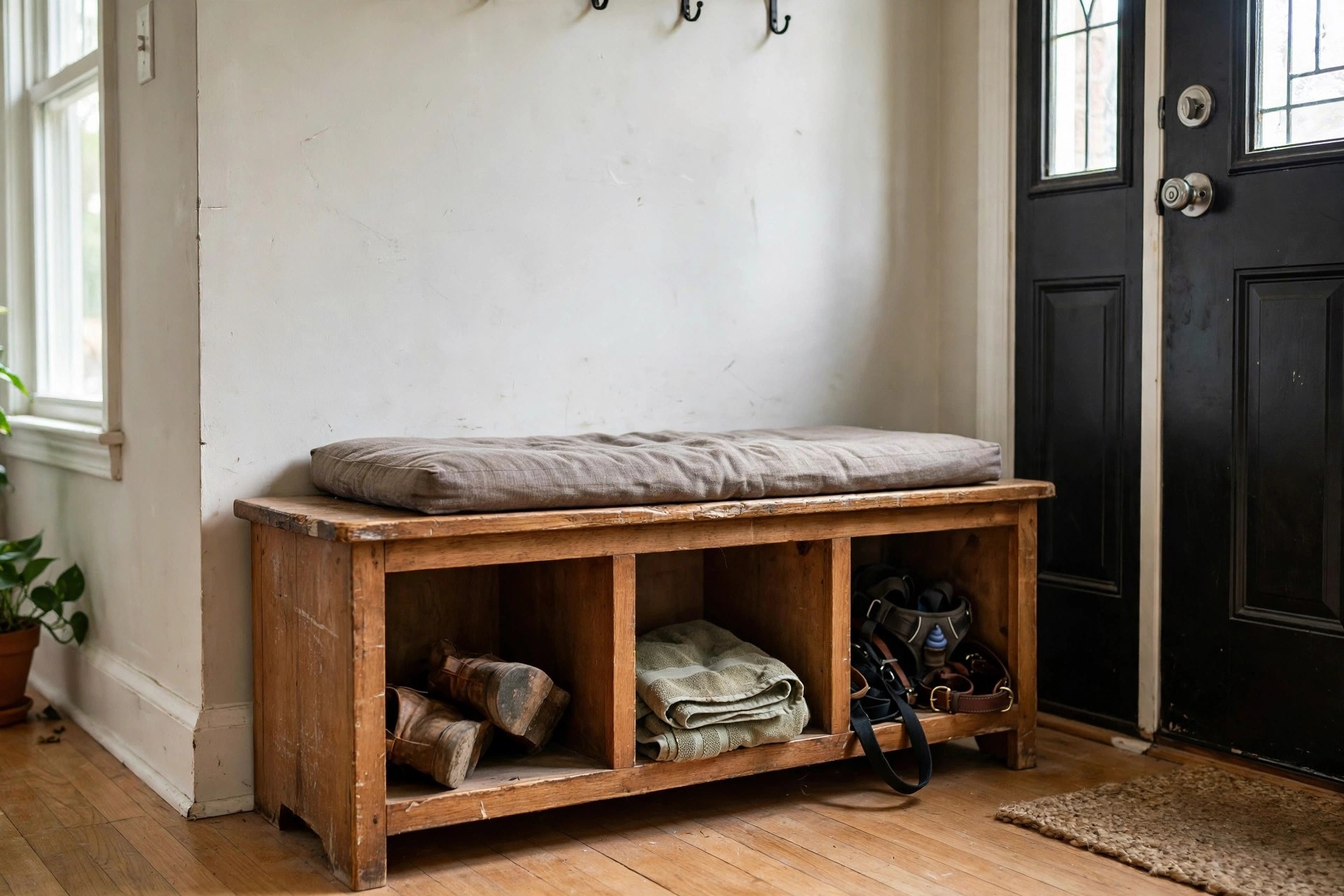 Bench with cubbies for shoes and dog gear in a small entryway idea for dog owners