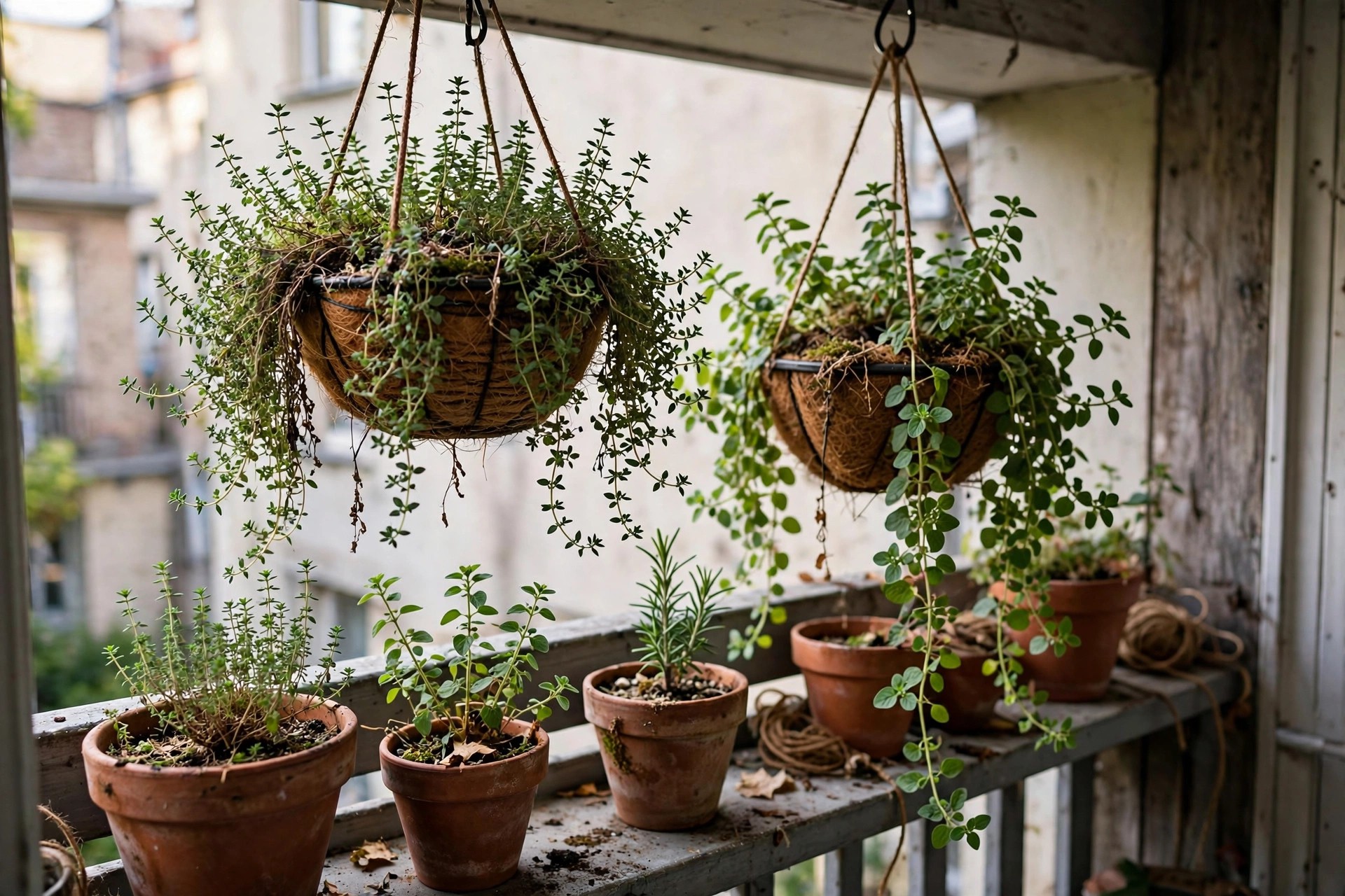 Hanging baskets of trailing thyme and oregano above a small apartment balcony herb garden
